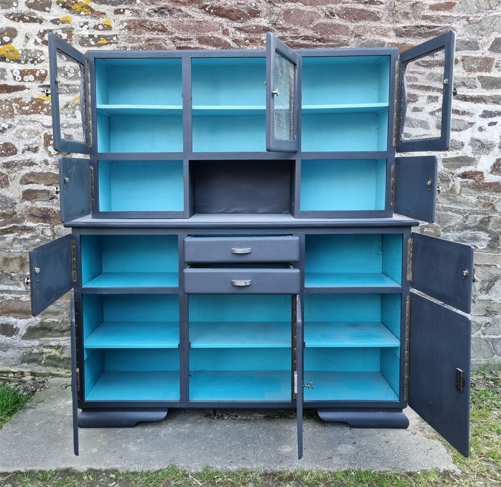 Vintage Mado sideboard, grey restyled, blue interior, 50s