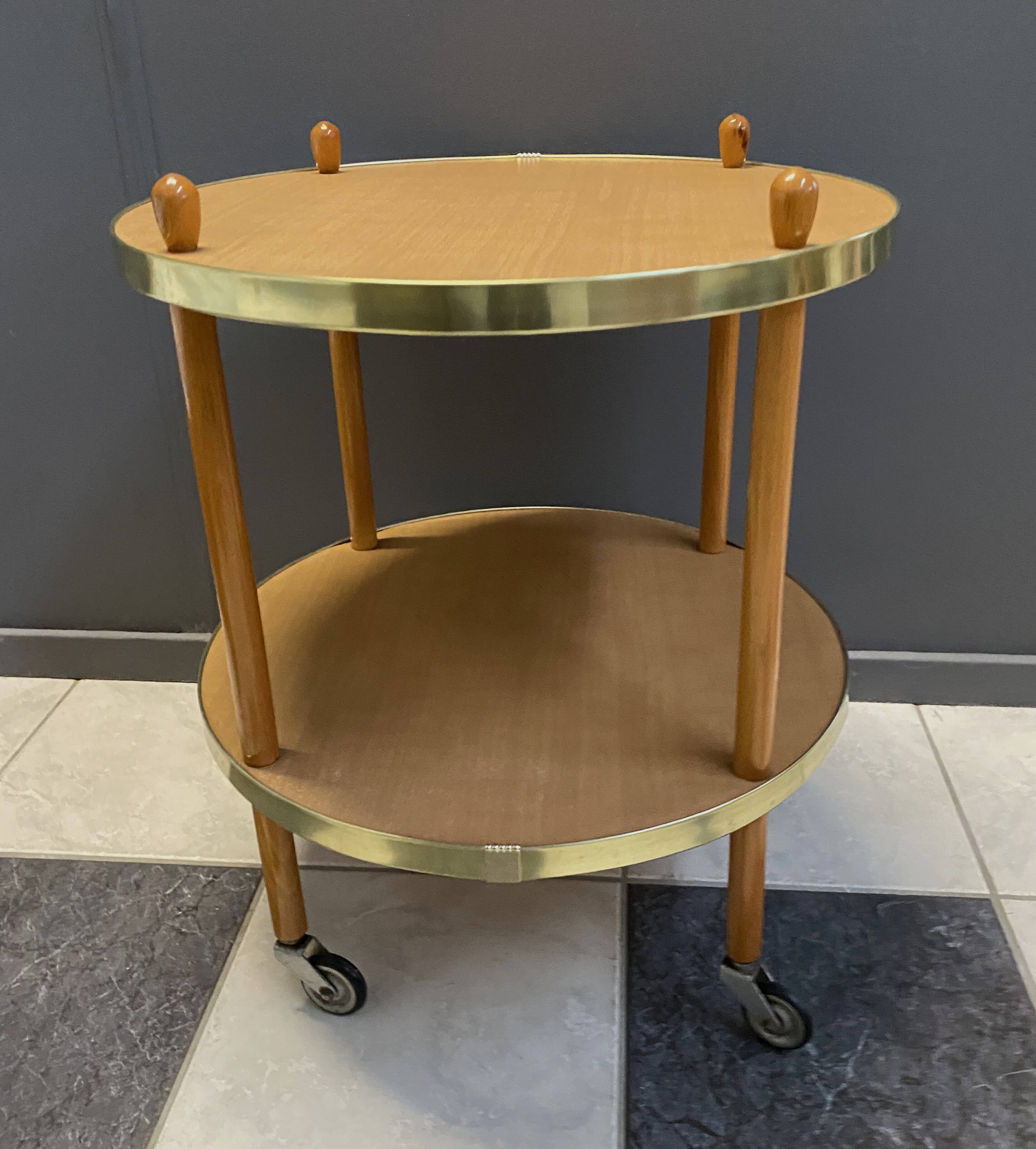 Wood round serving trolley sidetable 1960s