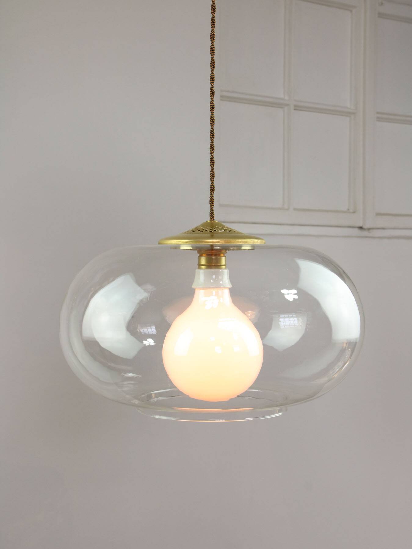 Italian Mid-Century Glass and Brass Pendant Lamp