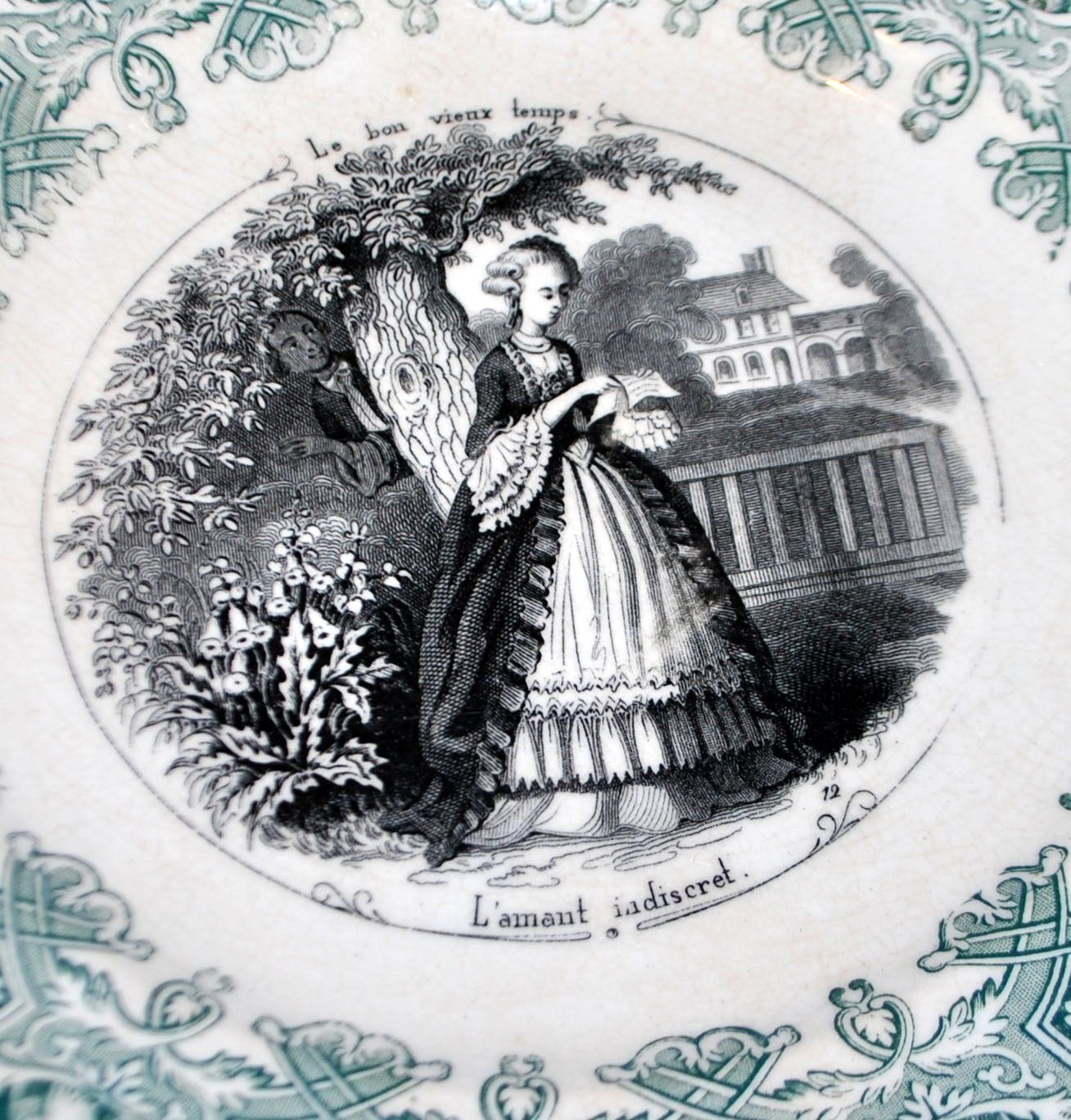 Sarreguemines set of 5 talking plates from the Bon Vieux Temps series, opaque earthenware.