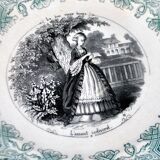 Sarreguemines set of 5 talking plates from the Bon Vieux Temps series, opaque earthenware.