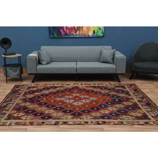 1970s Vintage Turkish Oushak Handmade Wool Cotton Red Kilim Rug 195x263