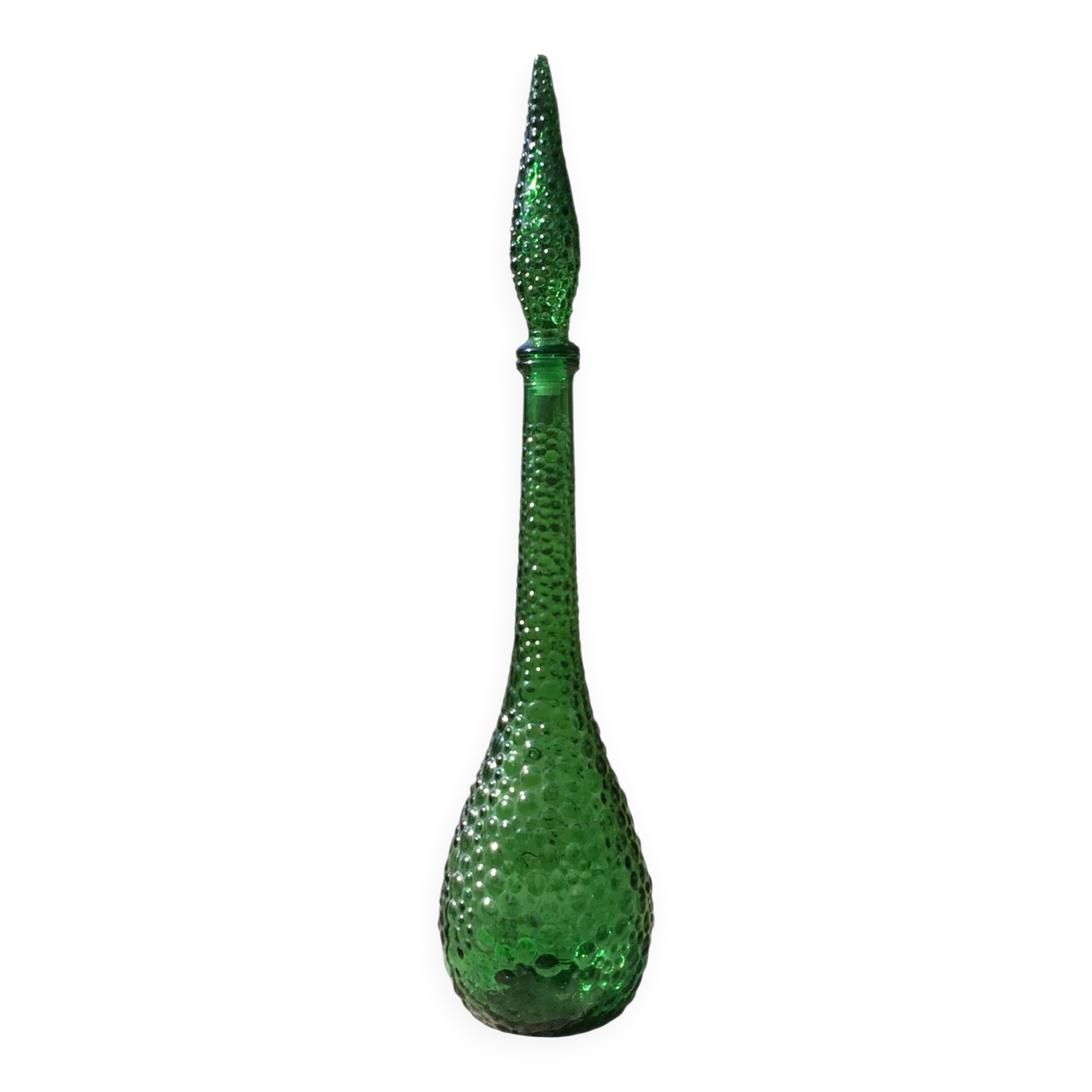 Large green Genie Empoli bubble glass bottle, Italy 1960s