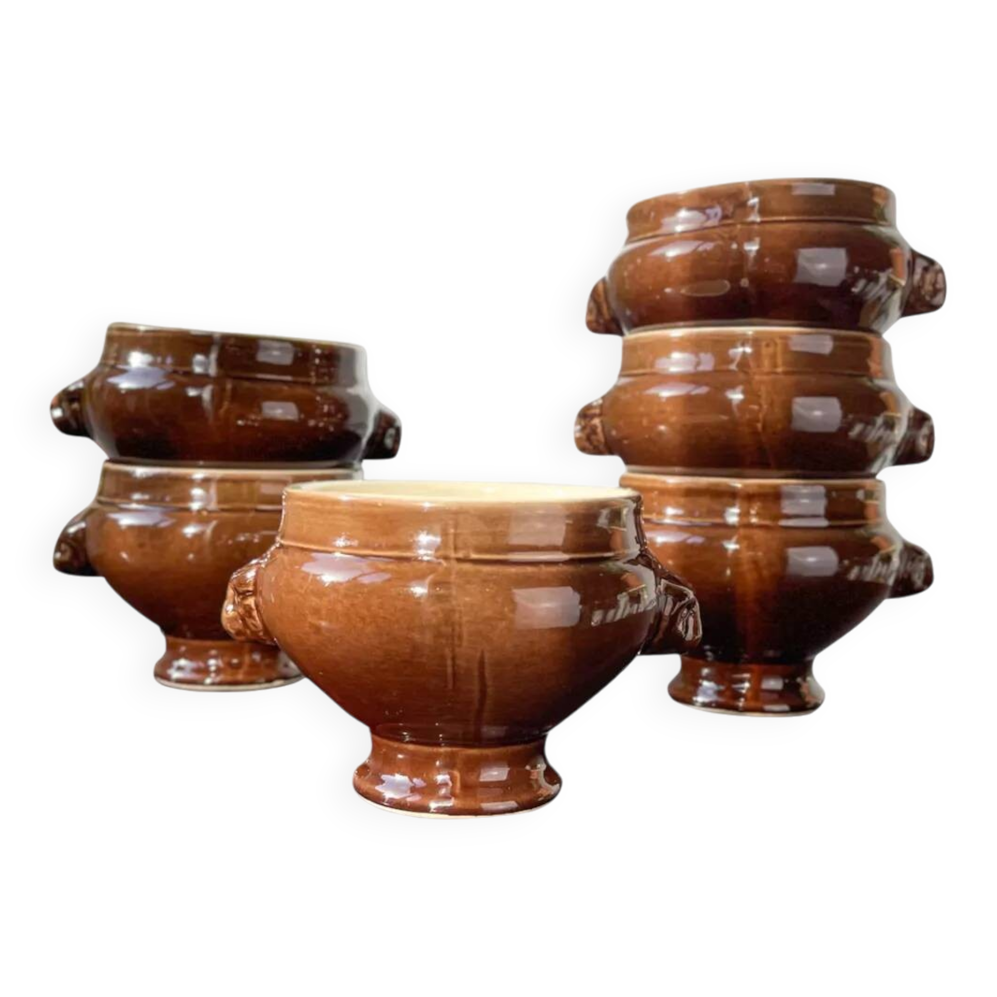 6 Lion's Head bowls in bi-colour brown and cream ceramic by Emile Henry, vintage, made in France.