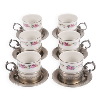 Set of 6 Sebring Porcelain Coffee Cups, Rein Zinn Pewter