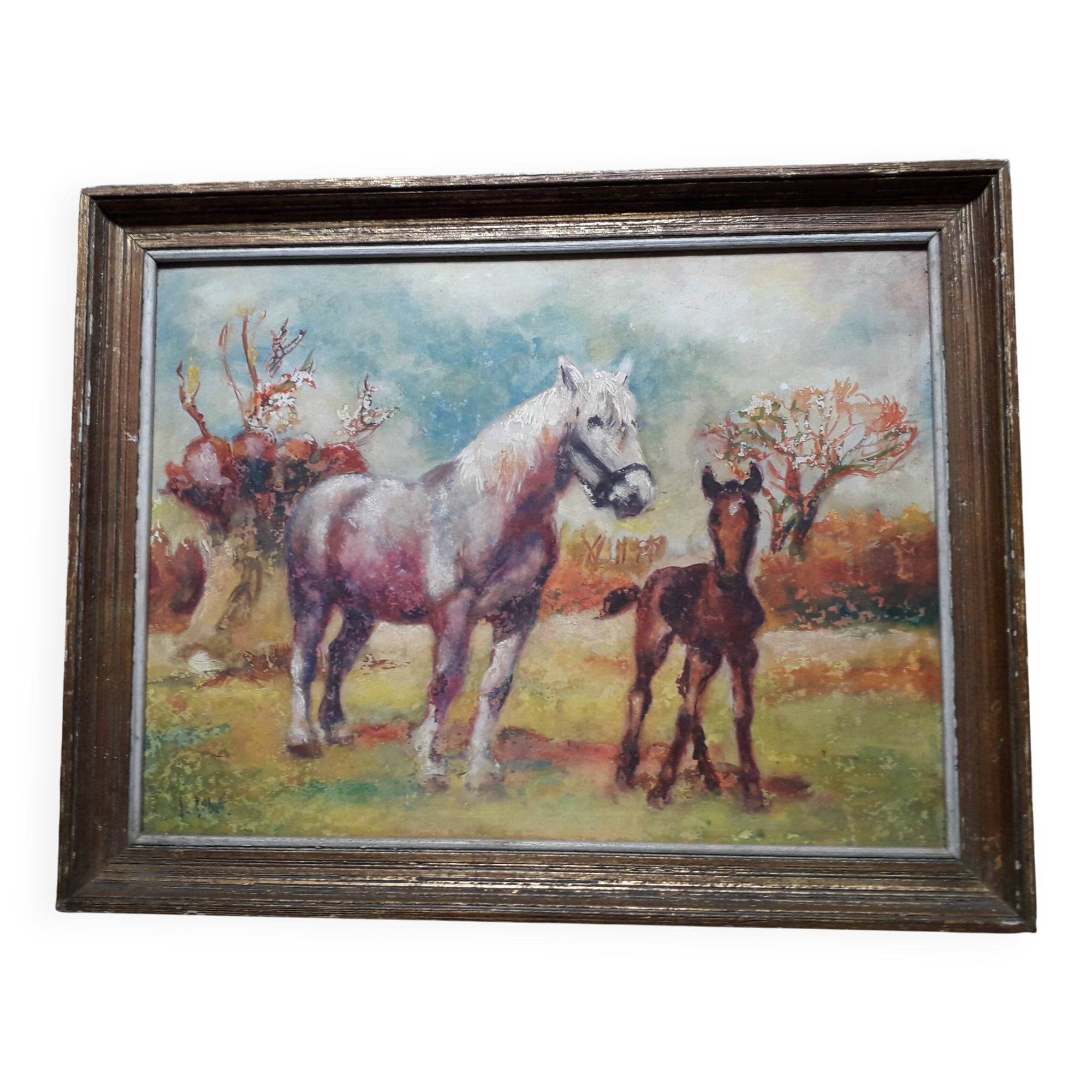 Antique painting depicting horses
