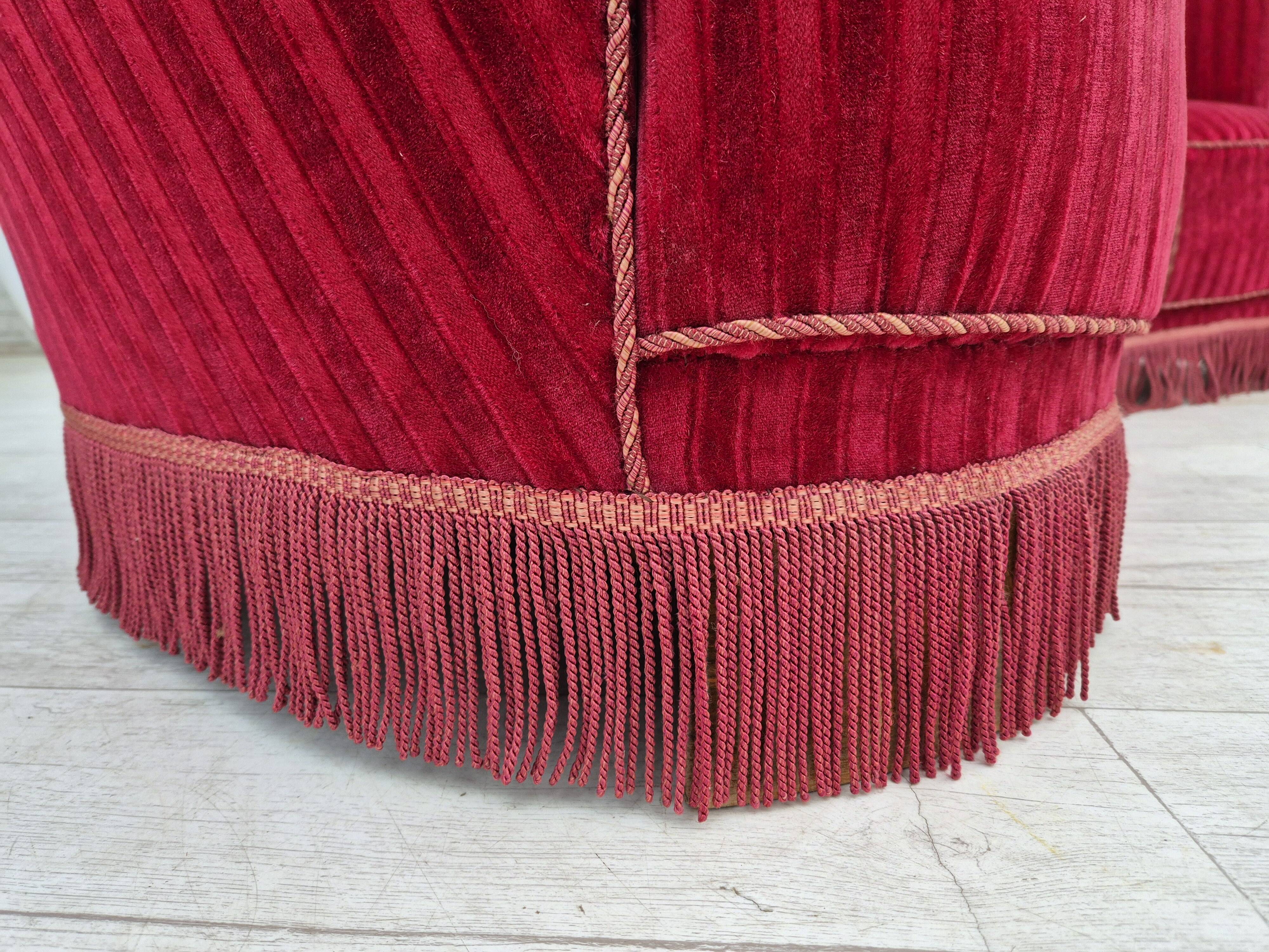 1960s, Danish 3-seater "Banan" sofa, original cherry-red furniture velour.