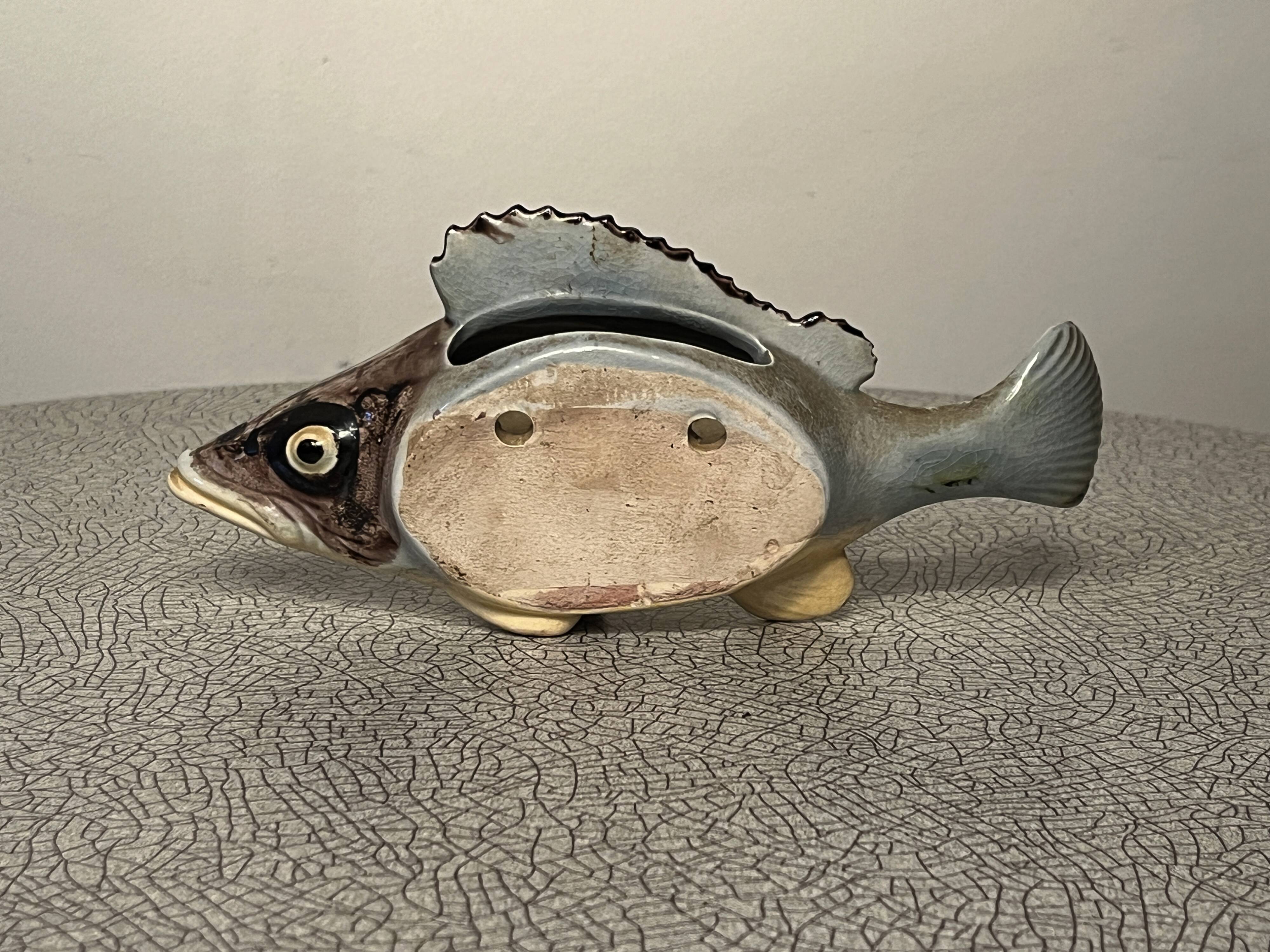 Porcelain fish bouquet holder or letter holder, Vallauris style, vintage 50s