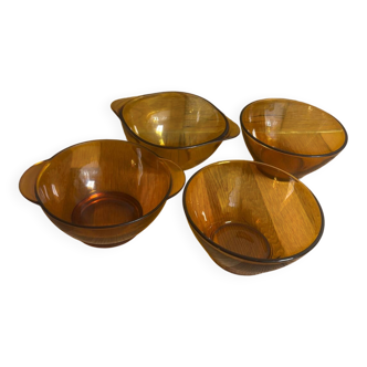 Vintage set of 4 amber brown Duralex bowls and véréco.