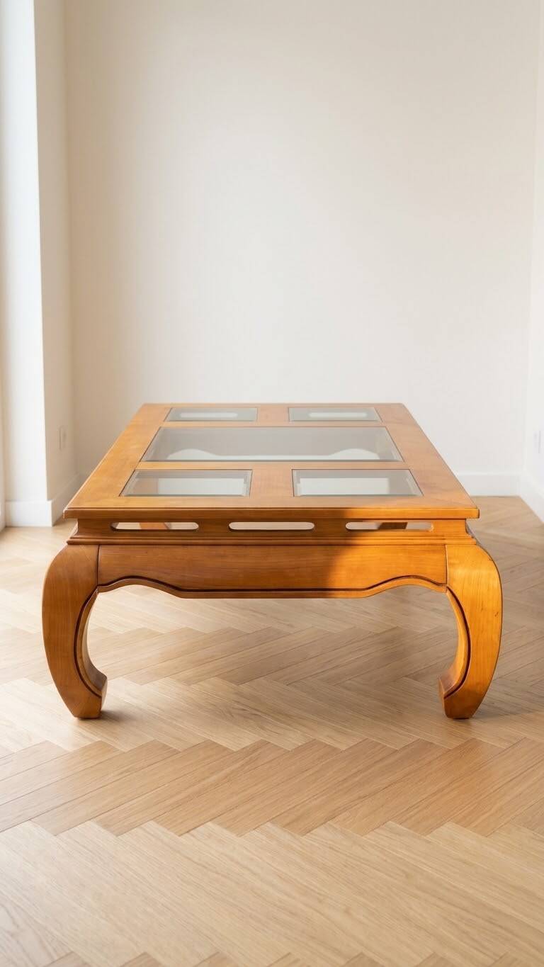 Coffee table in solid cherry wood with glass tops.