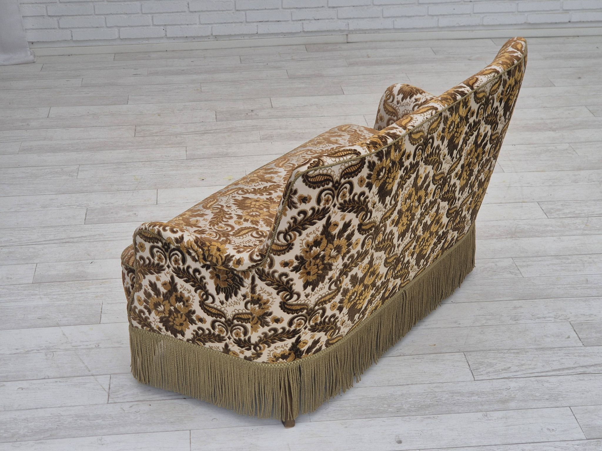 1960s, Danish 2-seater sofa, brown/beige furniture fabric, ash wood legs.