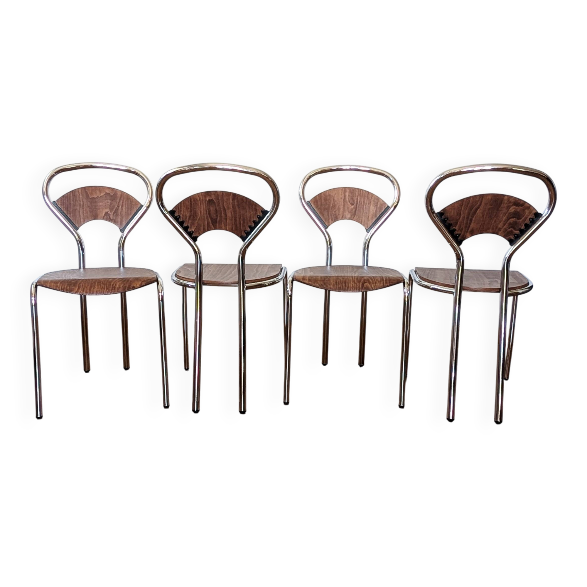 Set of 4 vintage bistro chairs in wood and chrome with postmodern design from