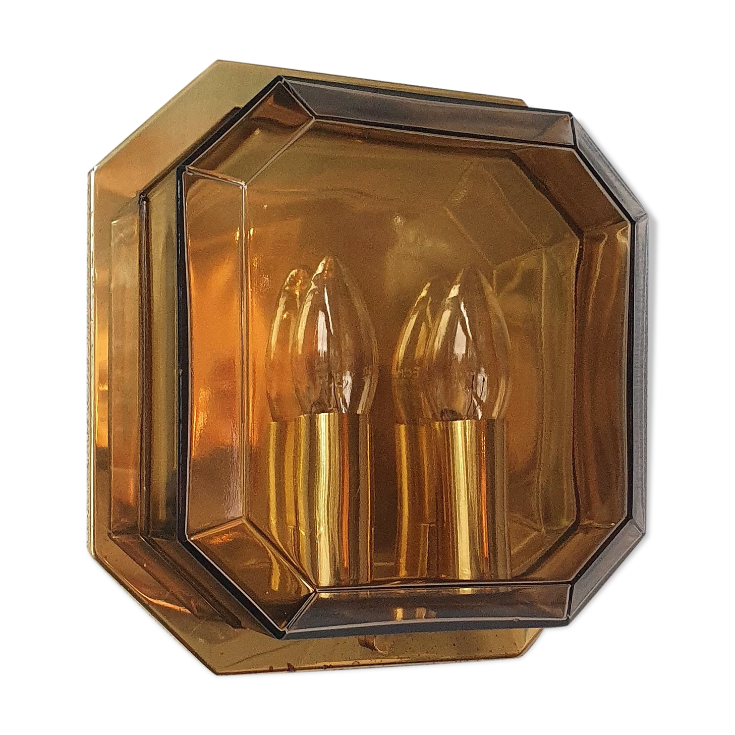 Geometric smoke topaz glass wall lamp, Glashütte Limburg, 80s