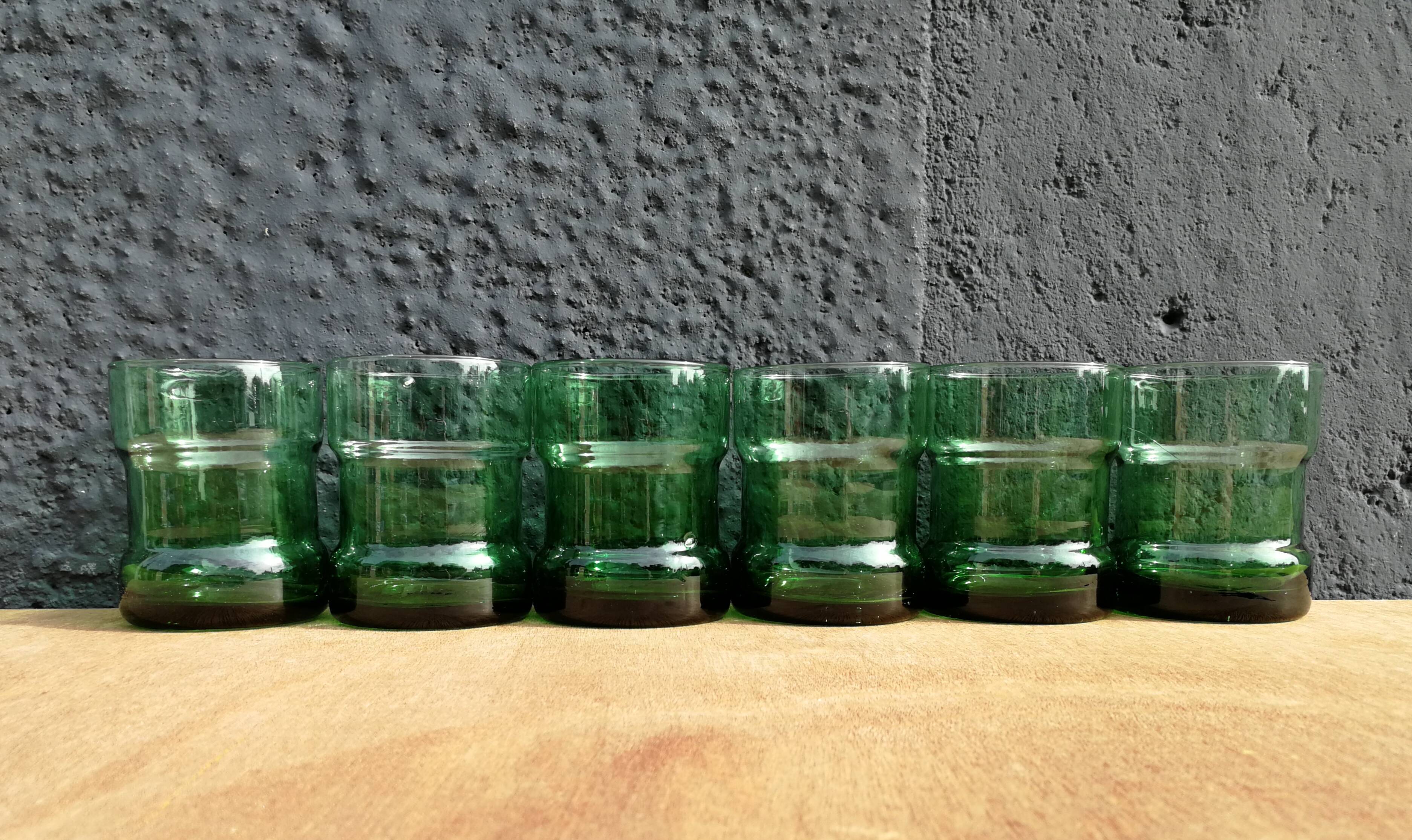 6 green water glasses
