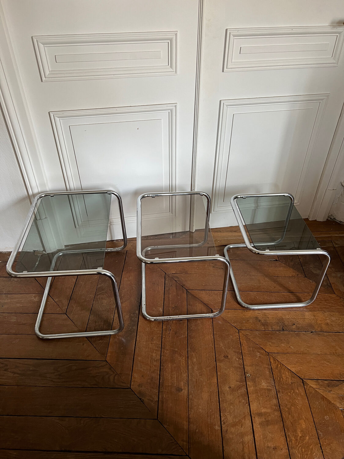 Nesting tables metal and smoked glass 70s