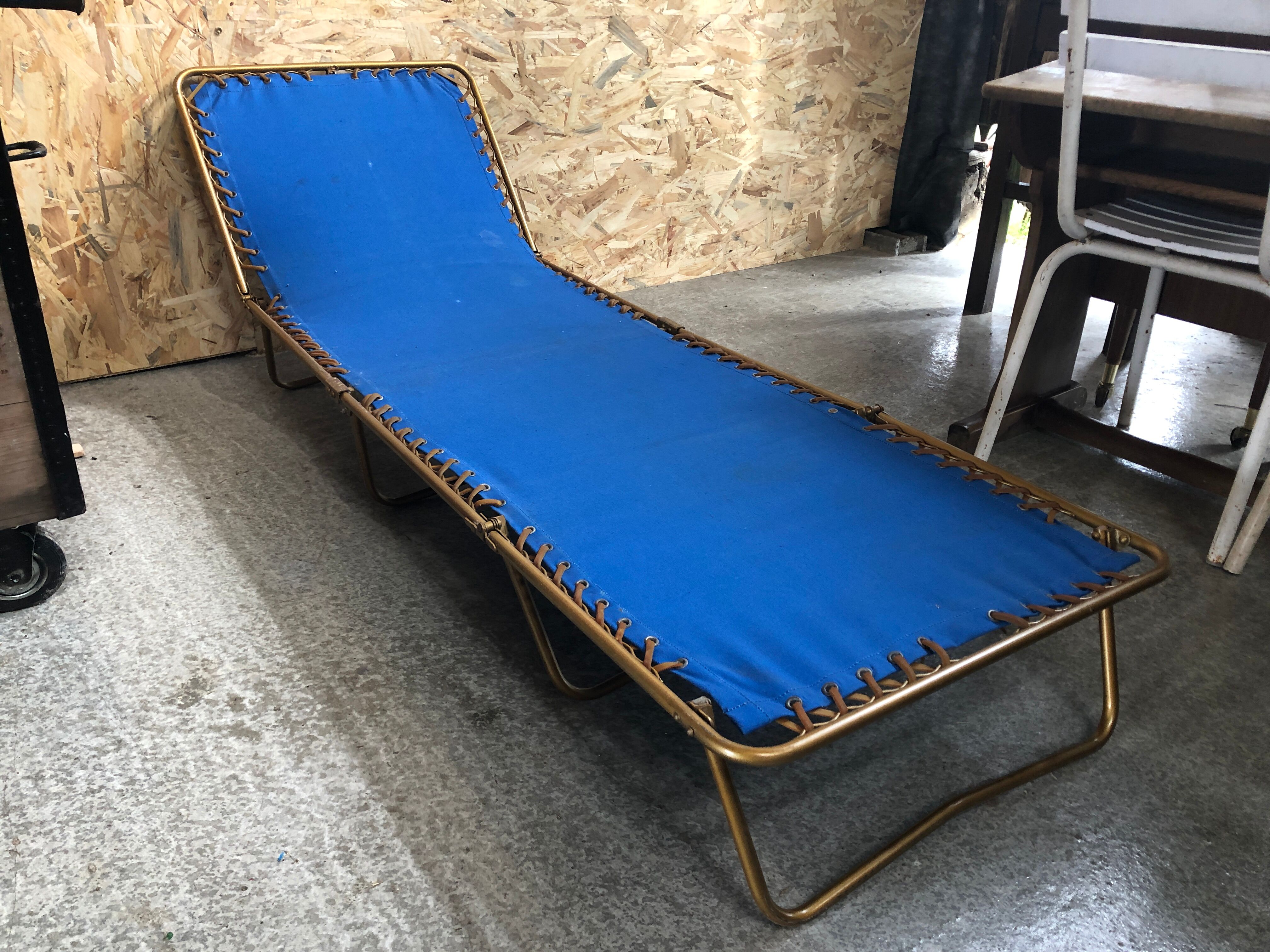 Old folding bed chantazur lafuma metal + fabric blue head adjustable vintage