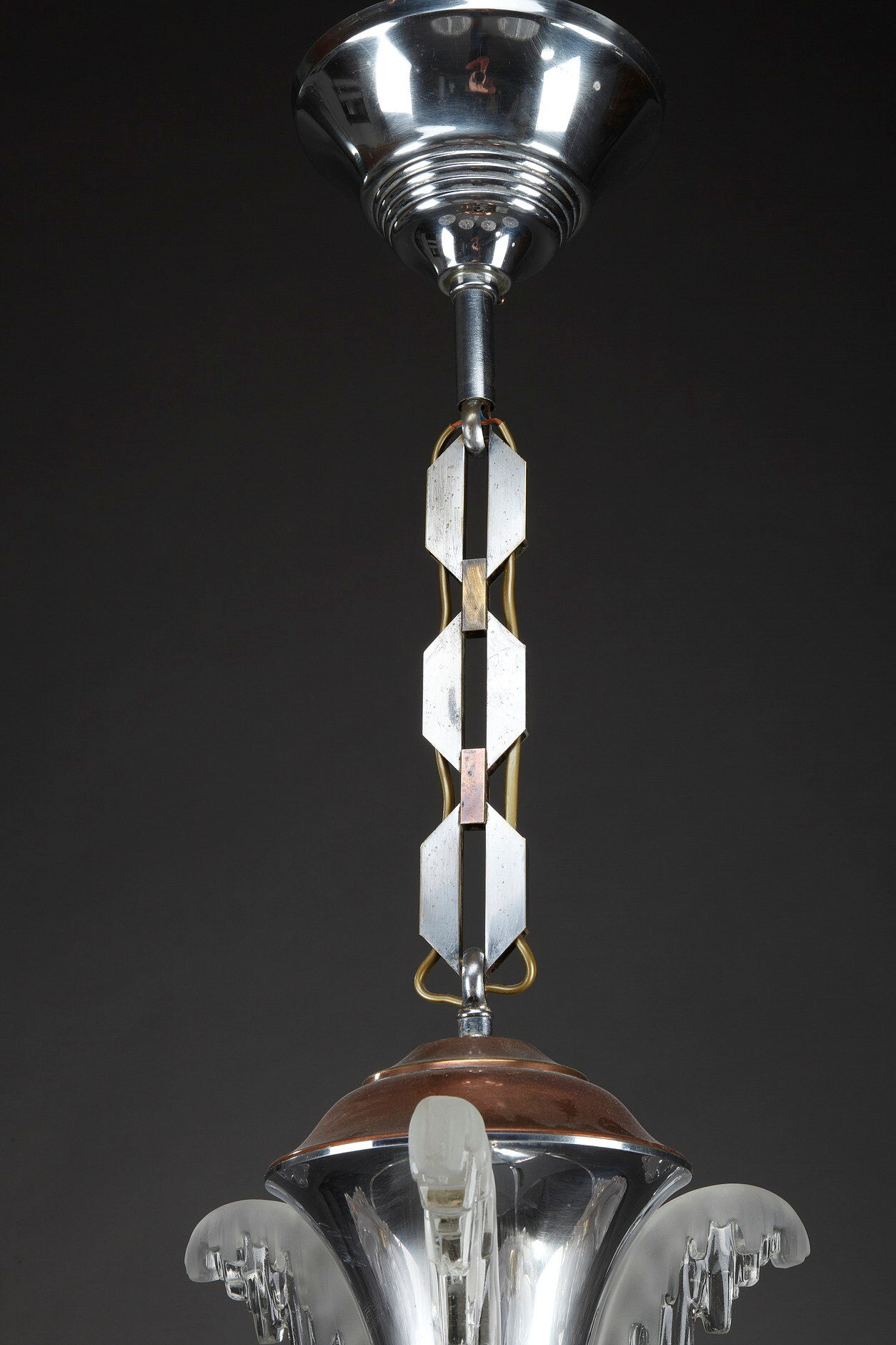 Art Deco chandelier in nickel-plated metal and copper