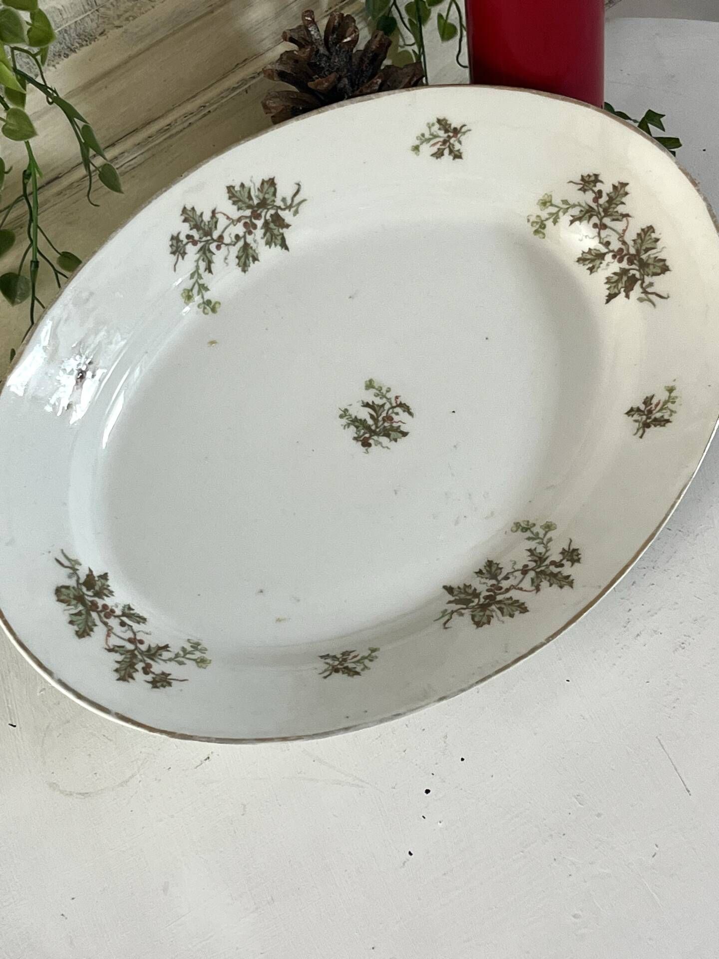 Vintage French Holly Deep Platter, Christmas Serving Dish, Large Oval