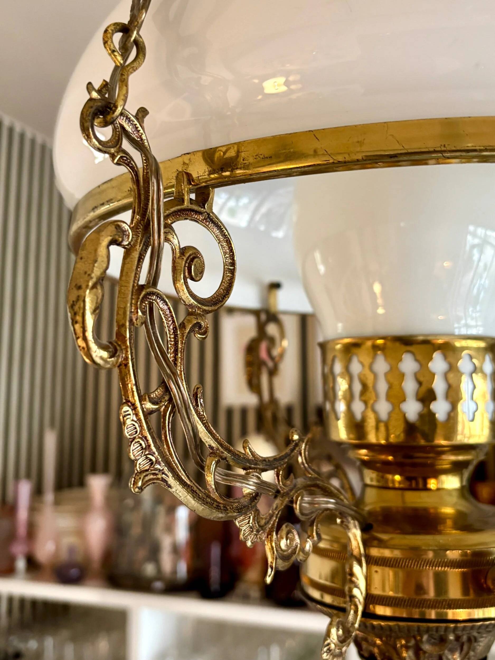 White opaline and brass pendant light