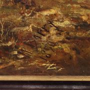 Old painting of a mountain landscape with a lake, oil on canvas 1890