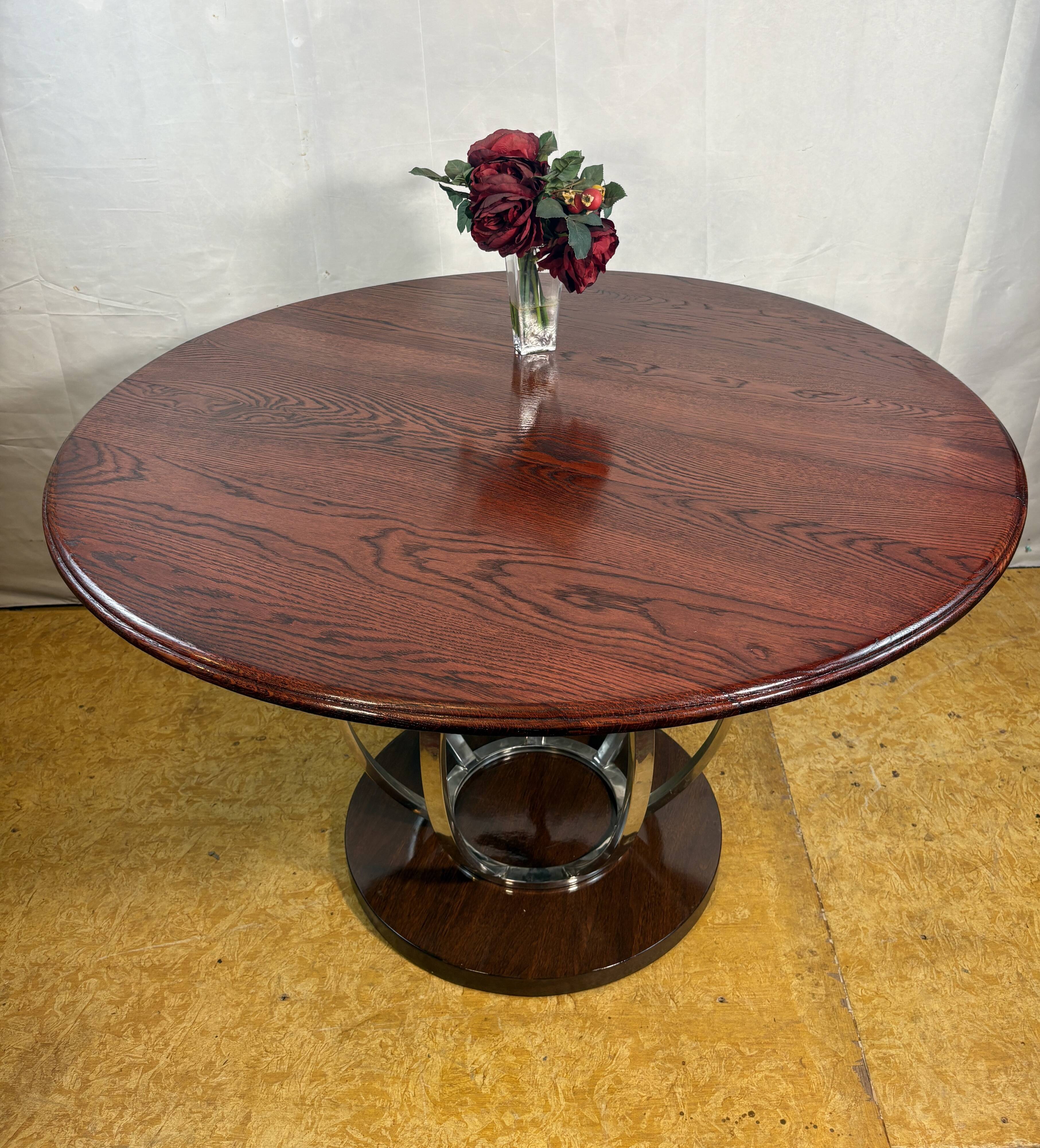 Vintage Art Deco Style Round Dining Table – Oak Top & Chrome Base – Designe