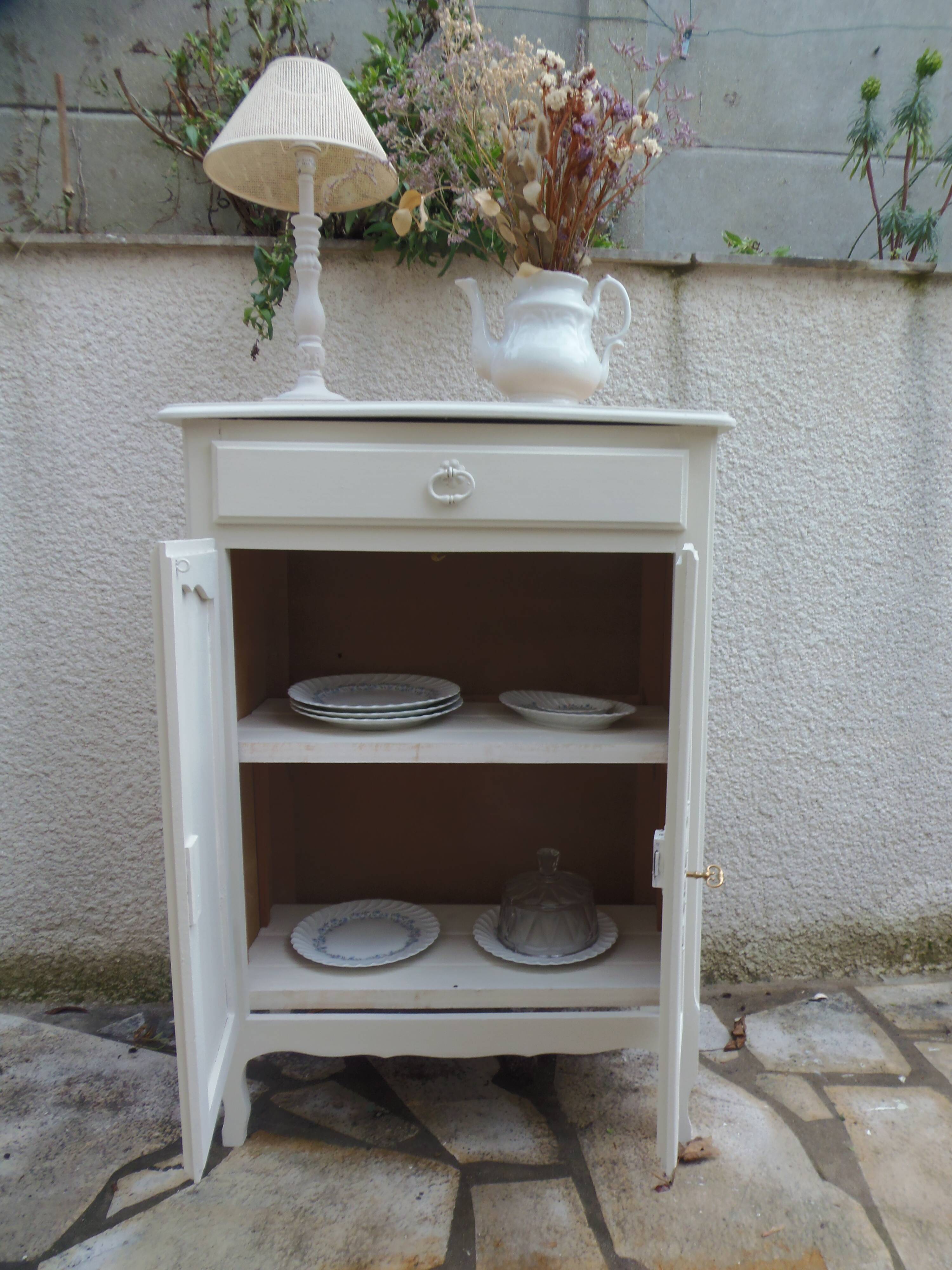 Small vintage buffet reimagined in pearl grey, wooden top.