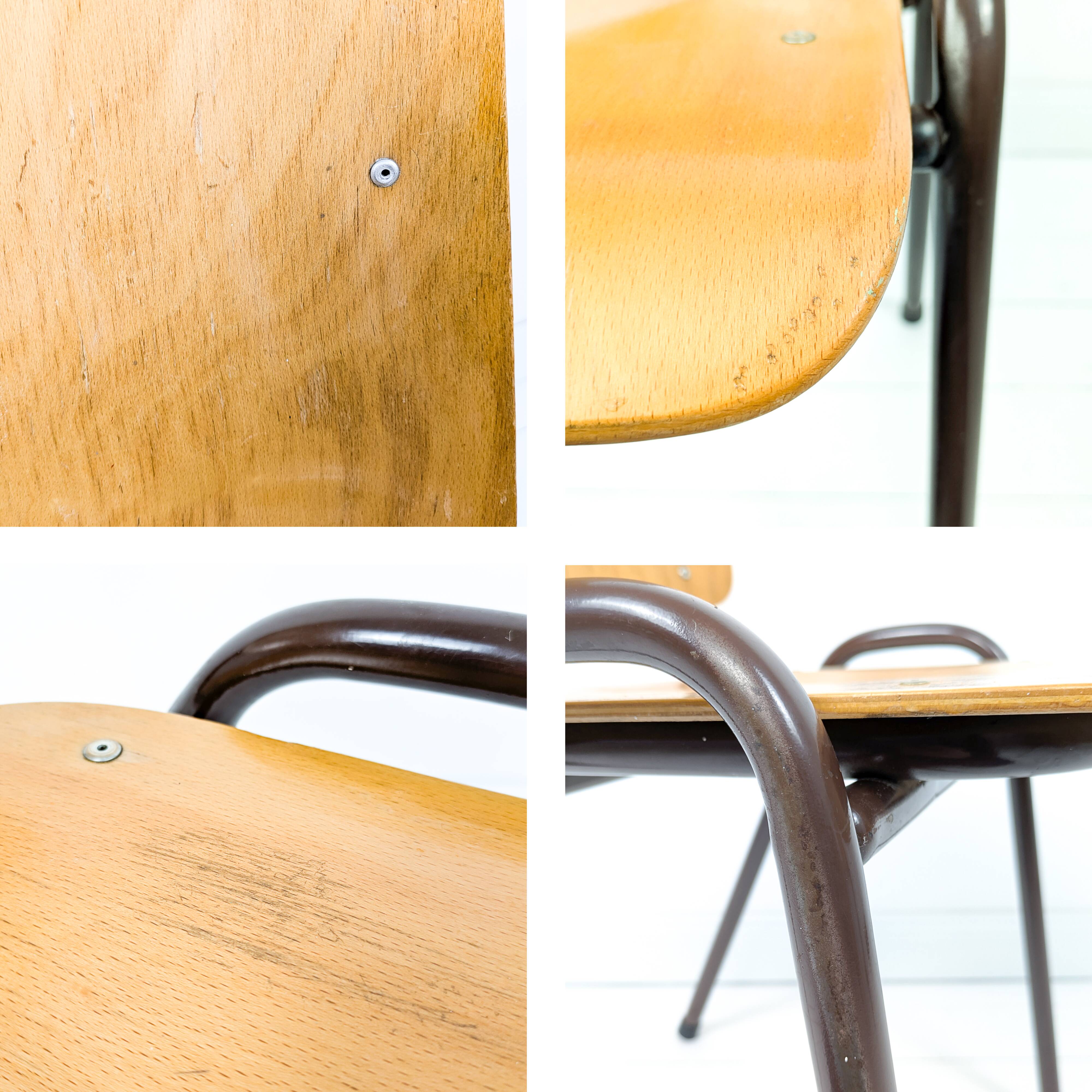 Lot de 3 chaises empilables Mid Century Chaise d'école Industrie Bois Métal Marron Vintage Rétro Cha