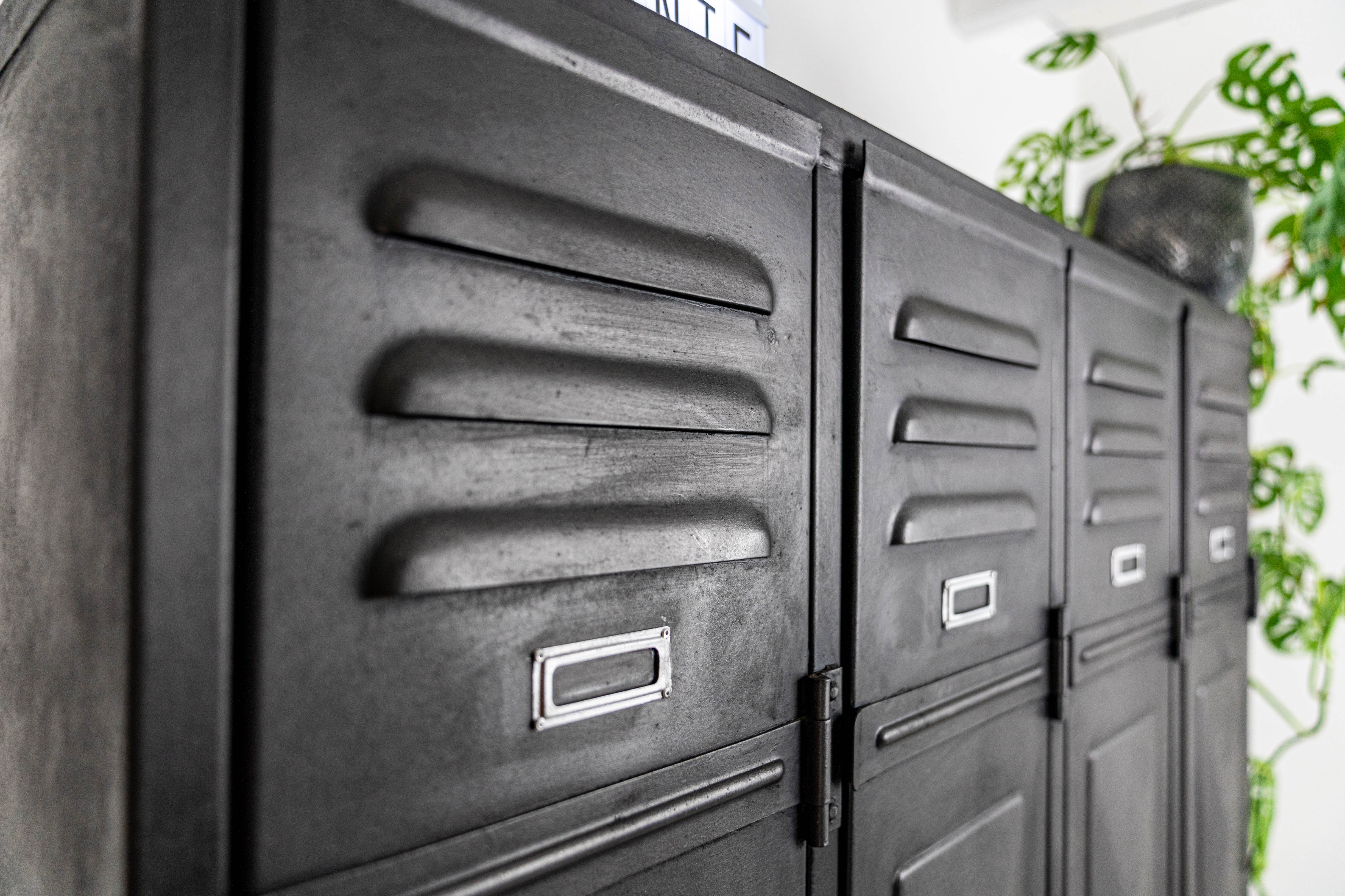 Very nice vintage metal industrial cloakroom with diamond-tipped doors