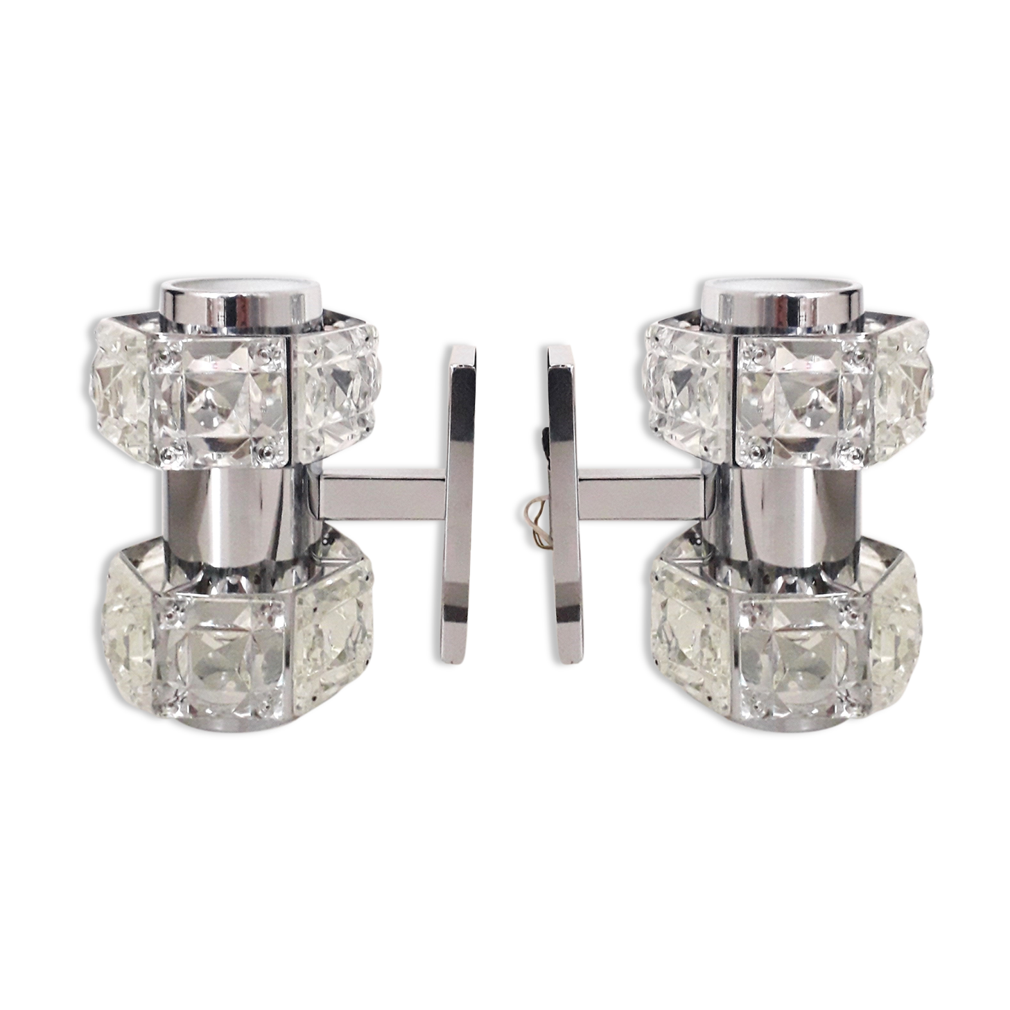Pair of wall lamps - Chrome metal and cut glass - 1970
