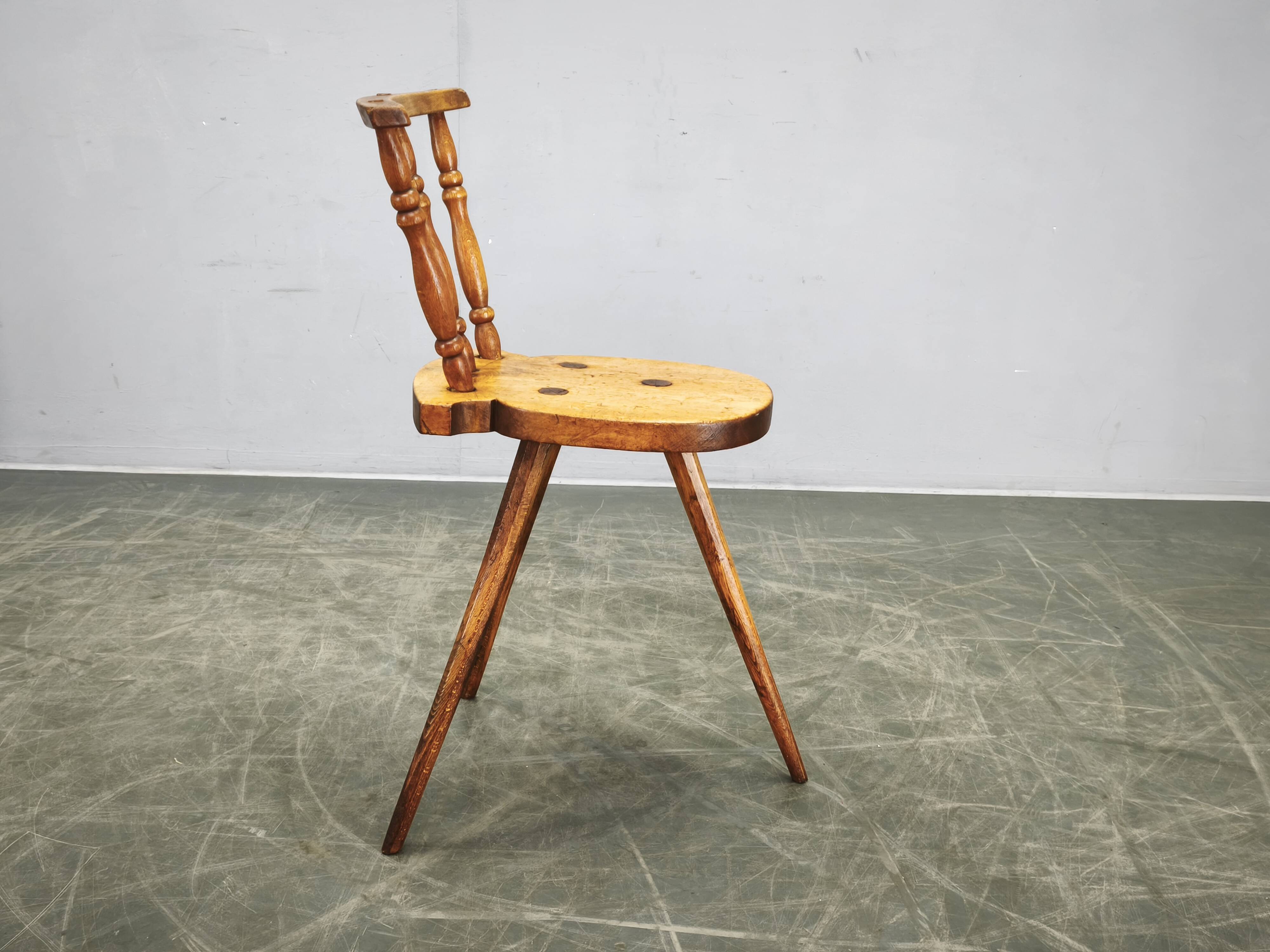 Primitive Solid Beech Folk Chair, Czechoslovakia, 1940s