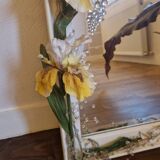 Large vintage mirror with white frame and iris and grape floral decorations