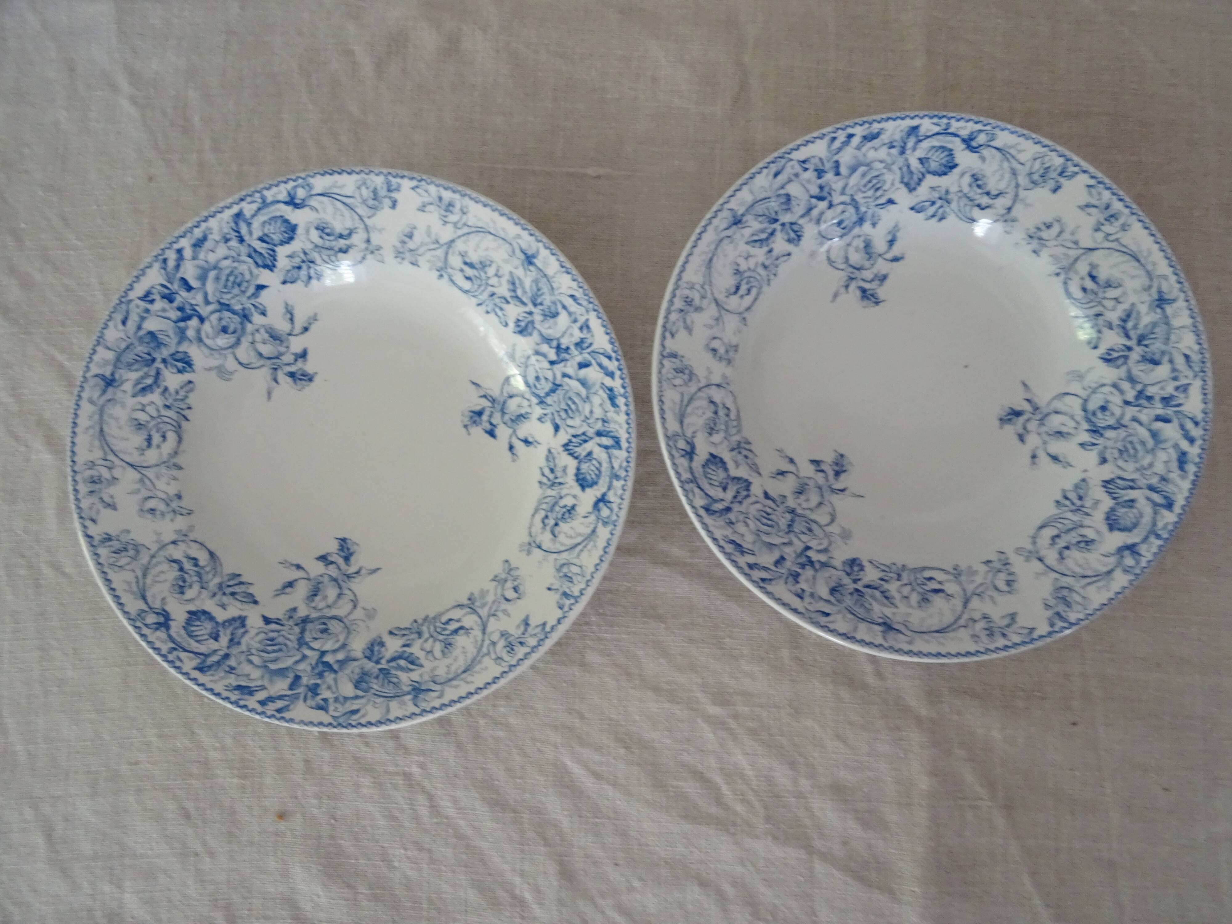 2 Hollow plates Luneville Keller and Guerin decoration blue flowers faience old