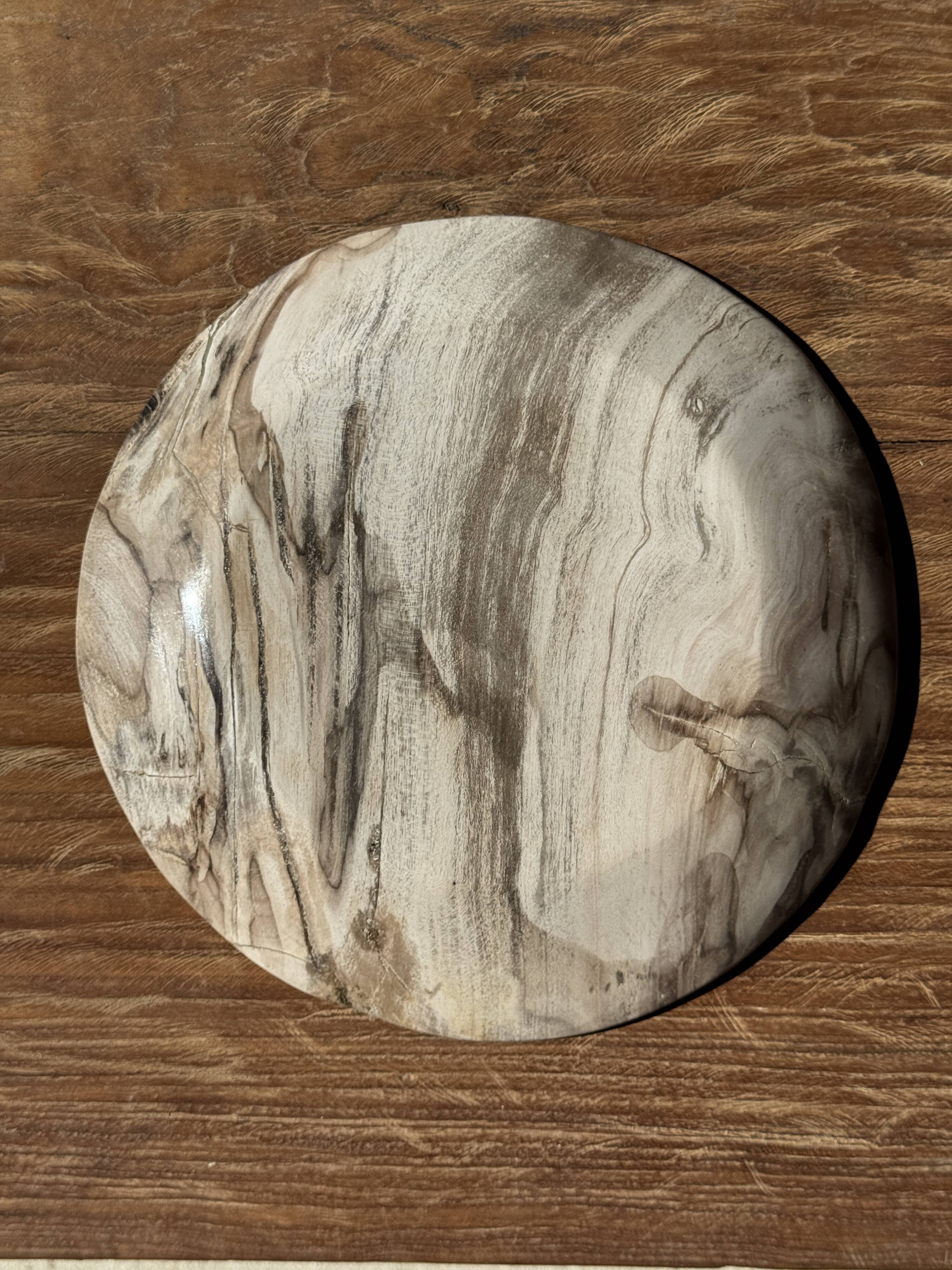 Tray, circular dish or plate made of white striped grey petrified wood.