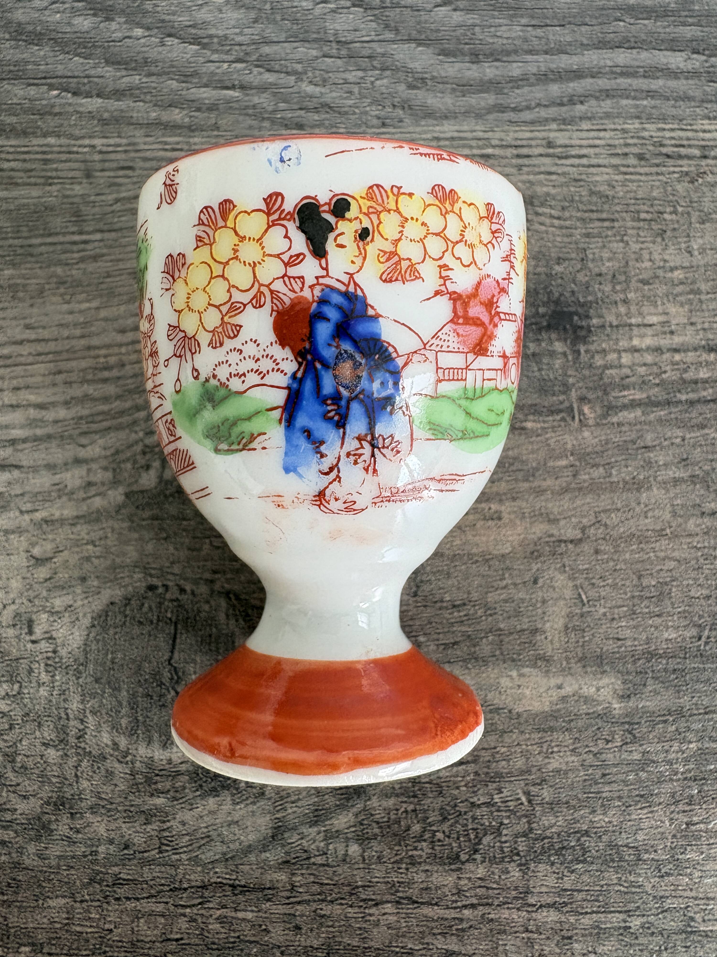 Paire de coquetiers anciens en porcelaine japonaise Kutani