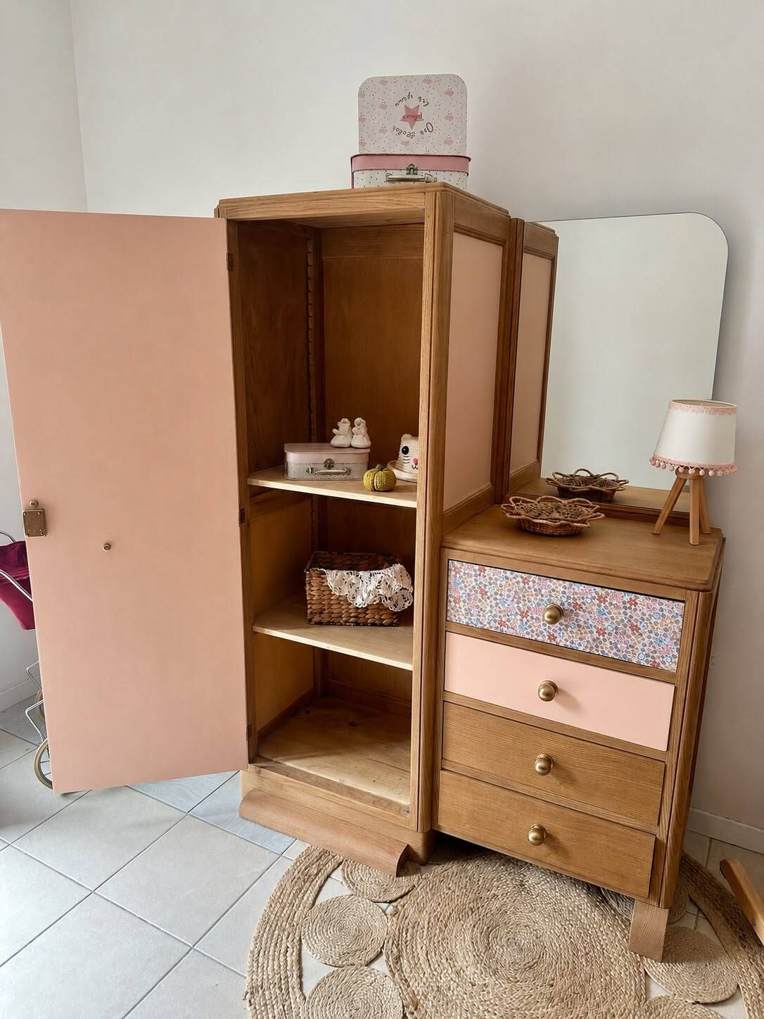 Asymmetrical floral wardrobe, natural oak & powder pink