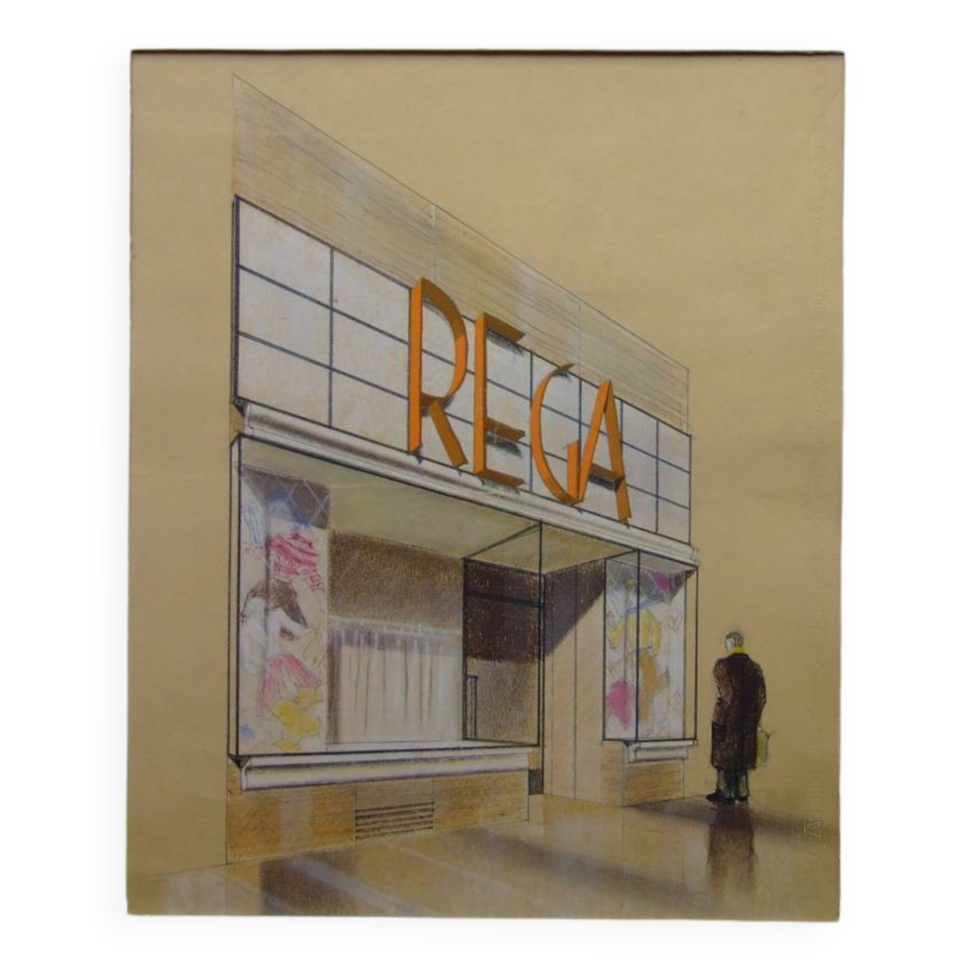 Boutique in Paris, Rega - large original architectural drawing - 1949 - Marc Saunier
