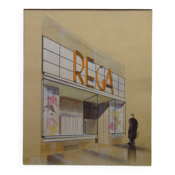 Boutique in Paris, Rega - large original architectural drawing - 1949 - Marc Saunier
