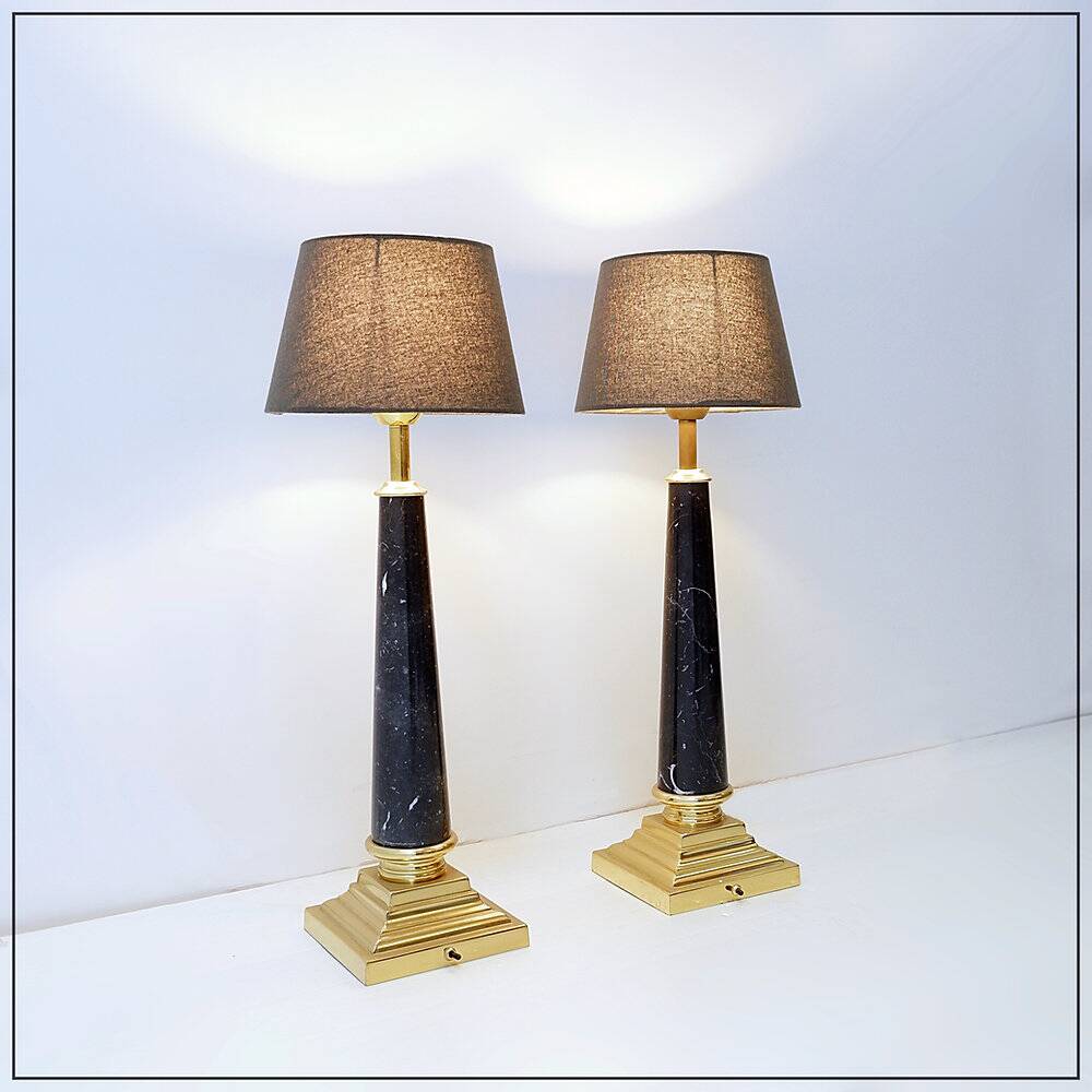 Pair of brass table lamps with black marble column - Art Deco style