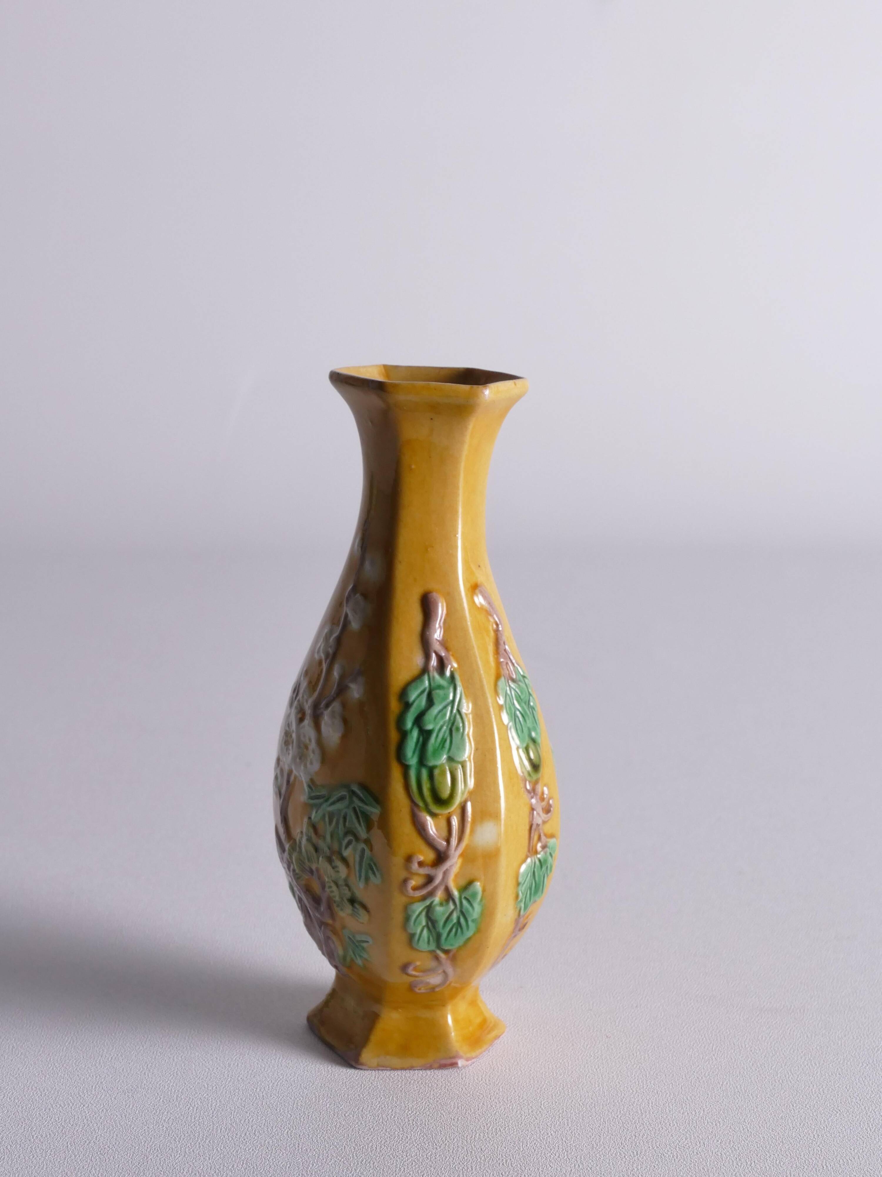 Chinese Yellow Glazed Hexagonal Relief Porcelain Vase with Prunus Motif
