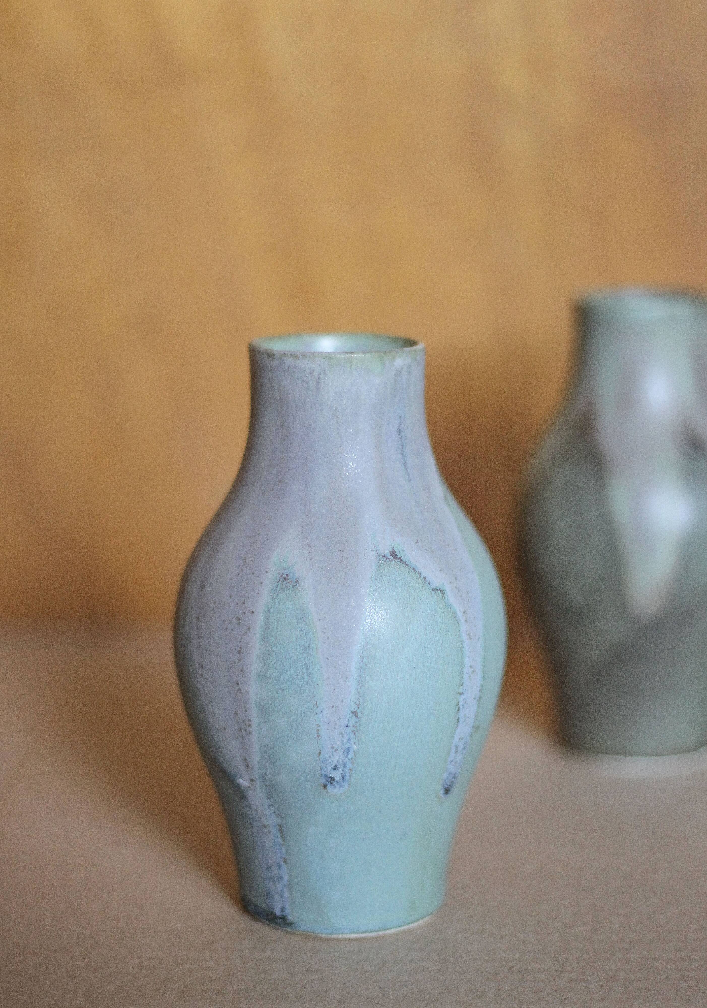 Pair of Denbac style flamed stoneware vases, small vintage vase, flower pot