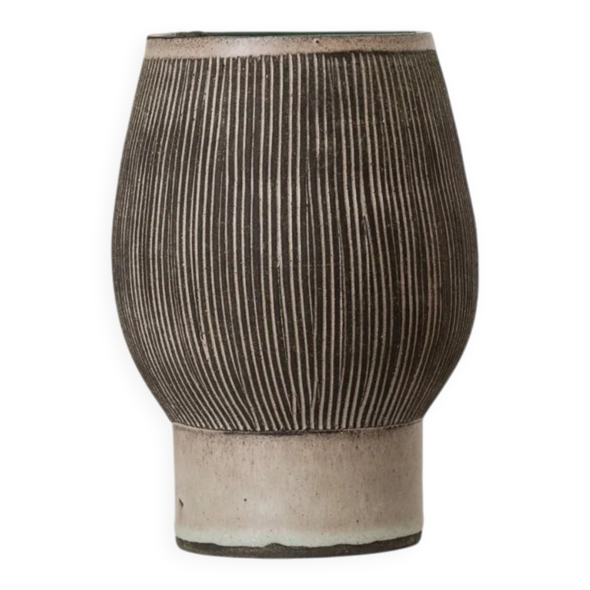 Gray and beige ceramic vase, vintage 1970s Danish studio pottery with incised texture