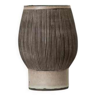 Gray and beige ceramic vase, vintage 1970s Danish studio pottery with incised texture