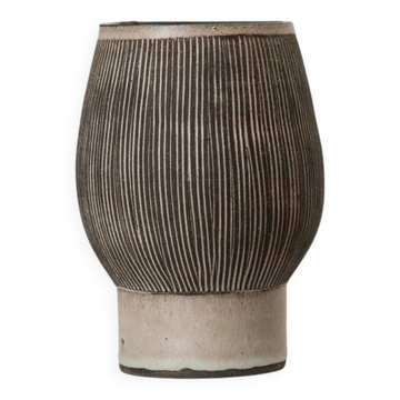 Gray and beige ceramic vase, vintage 1970s Danish studio pottery with incised texture