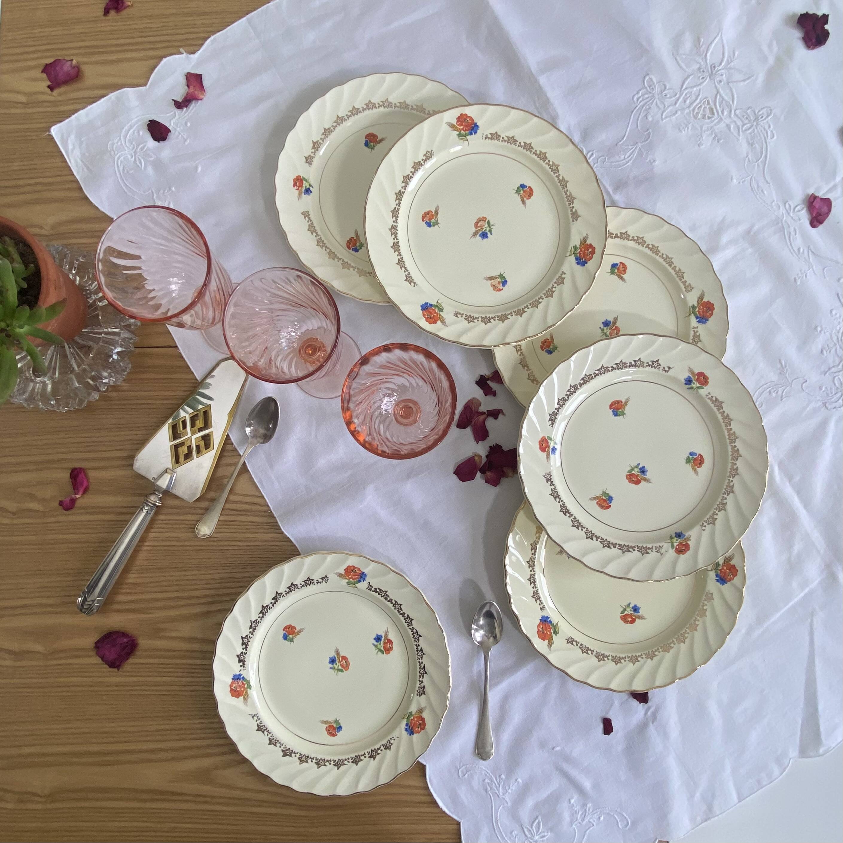 6 pale yellow earthenware dessert plates from Salins with flowers