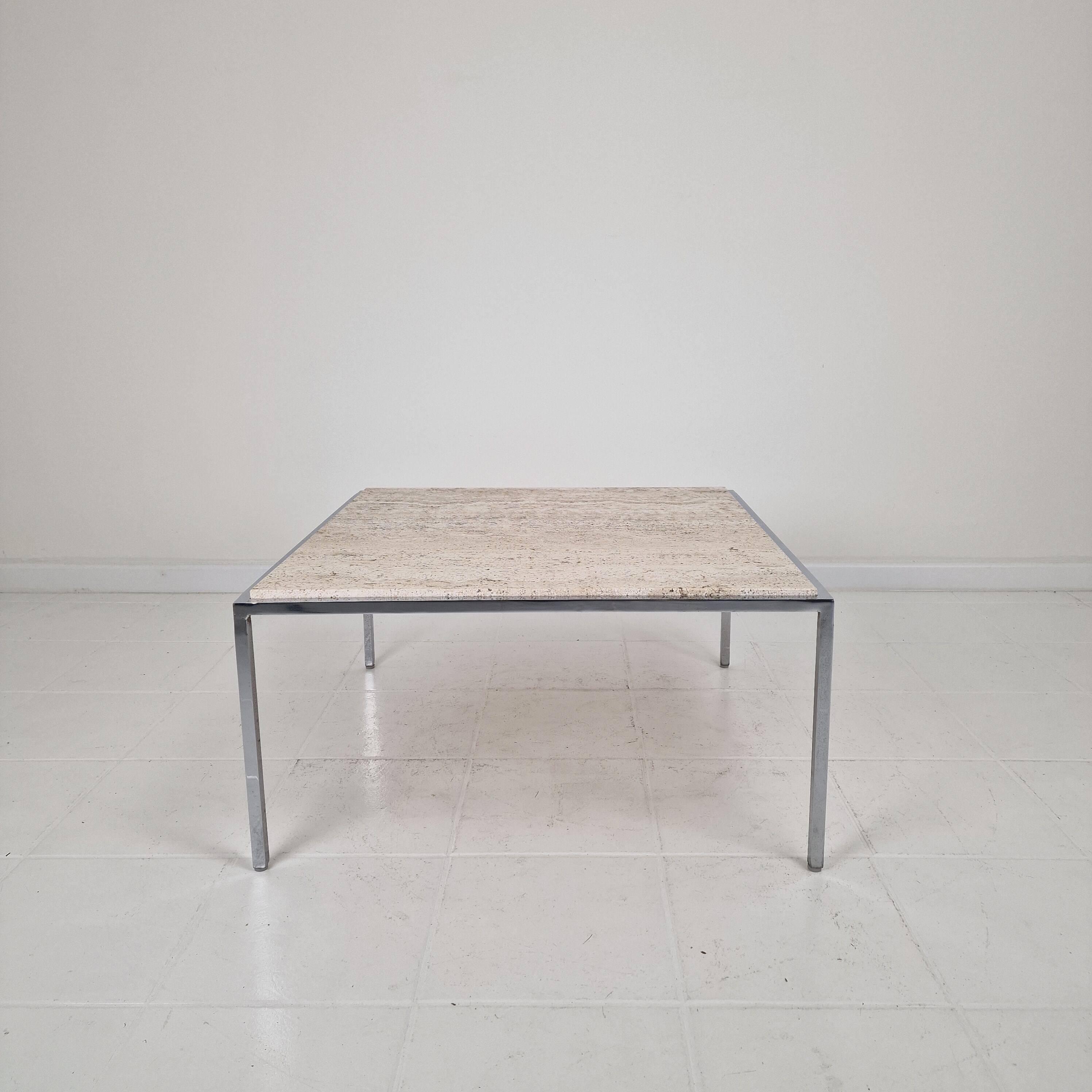 Italian Square Travertine Coffee Table with Steel Base, 1980's