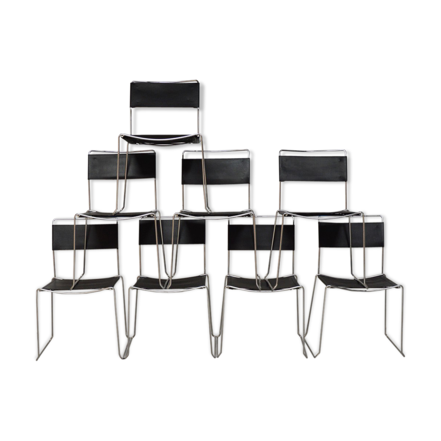 Set of 8 Italian Chairs in leather and steel, 1970