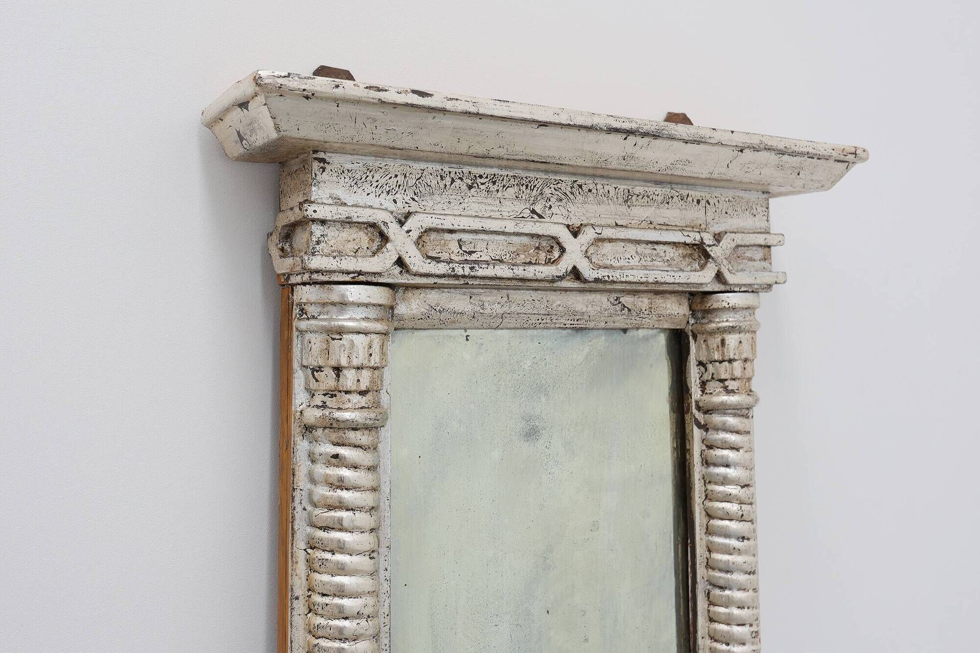 Neoclassical Silver Leaf Pier Mirror with Ringed Columns and Cornice, Italy