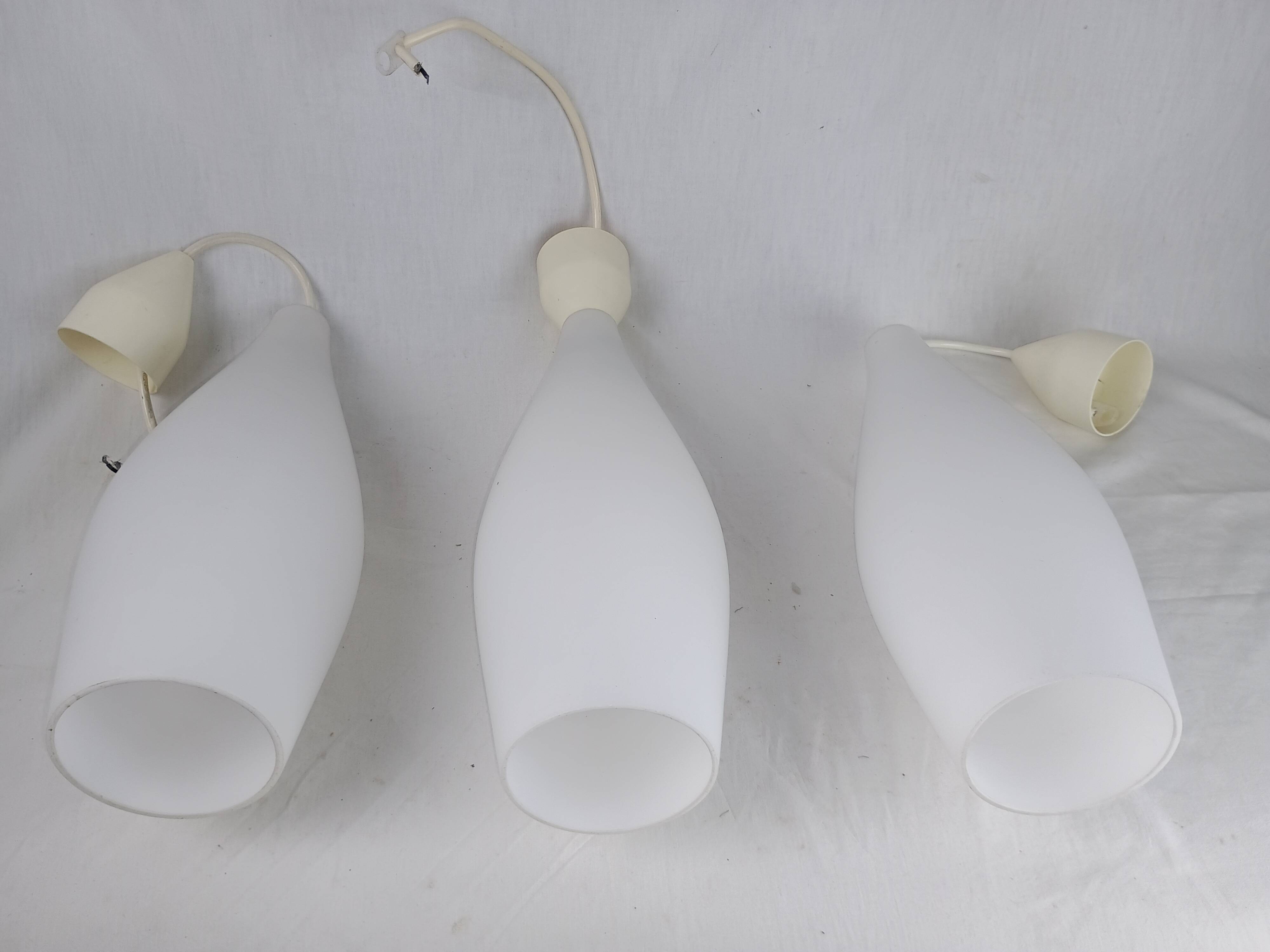 Superb set of three Holmegaard white opaline glass pendant lights
