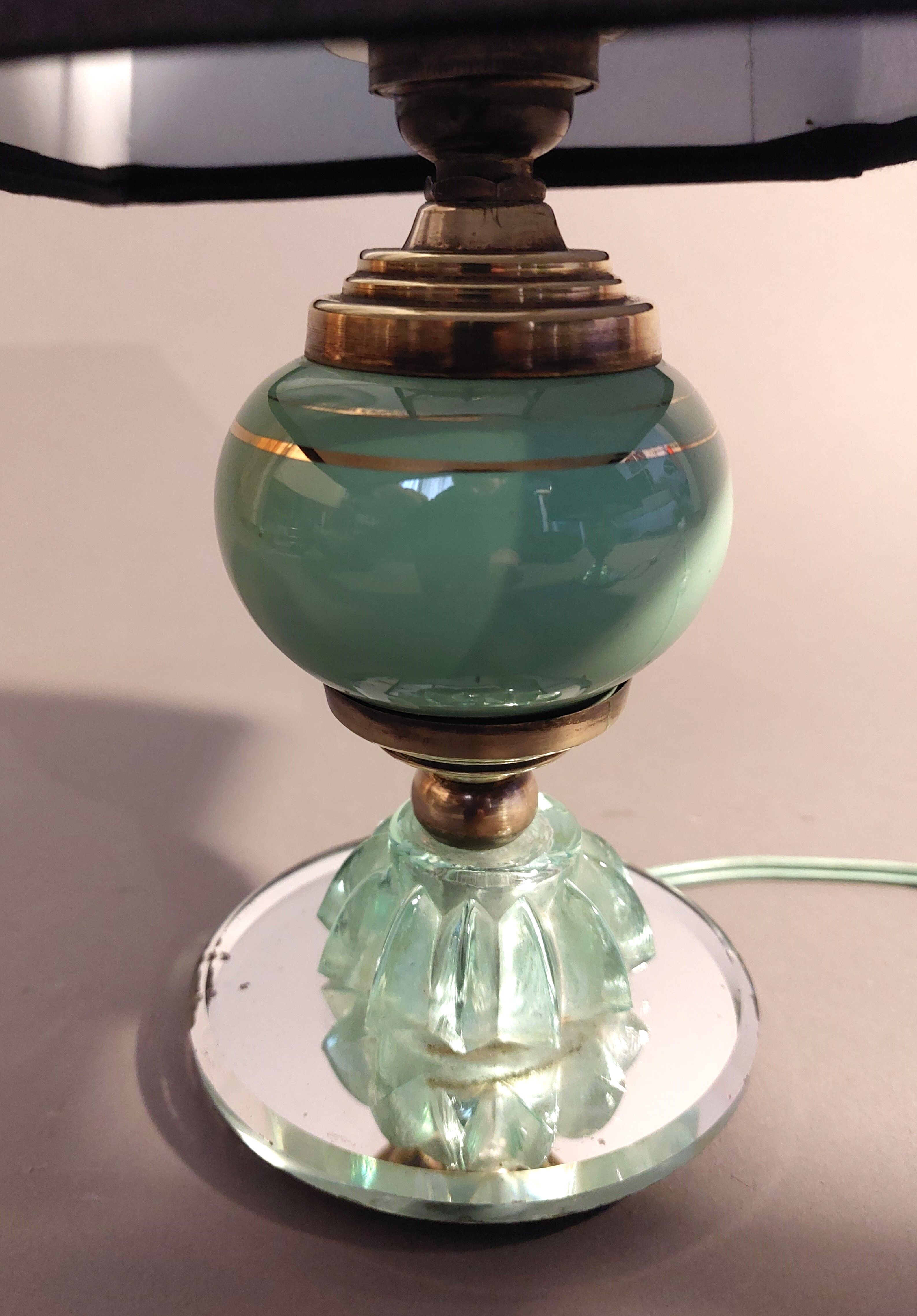 Pair of green opaline bedside lamps, venice glass and gilded brass Italy 1940.