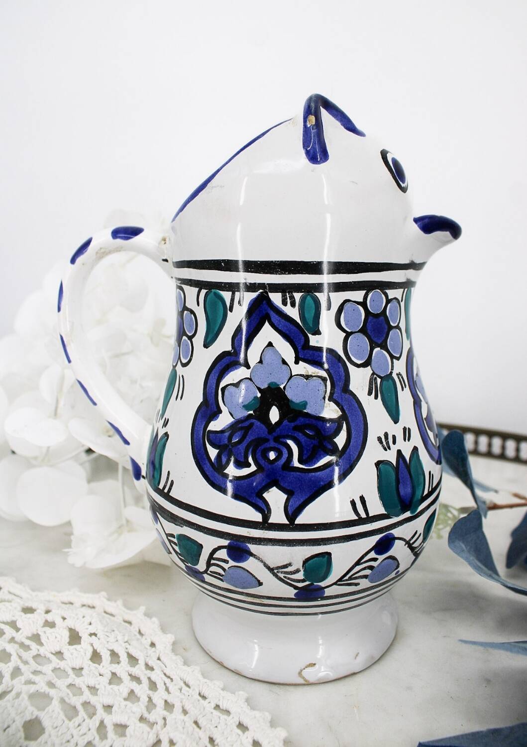 Vintage blue and green ceramic cat-shaped jug carafe